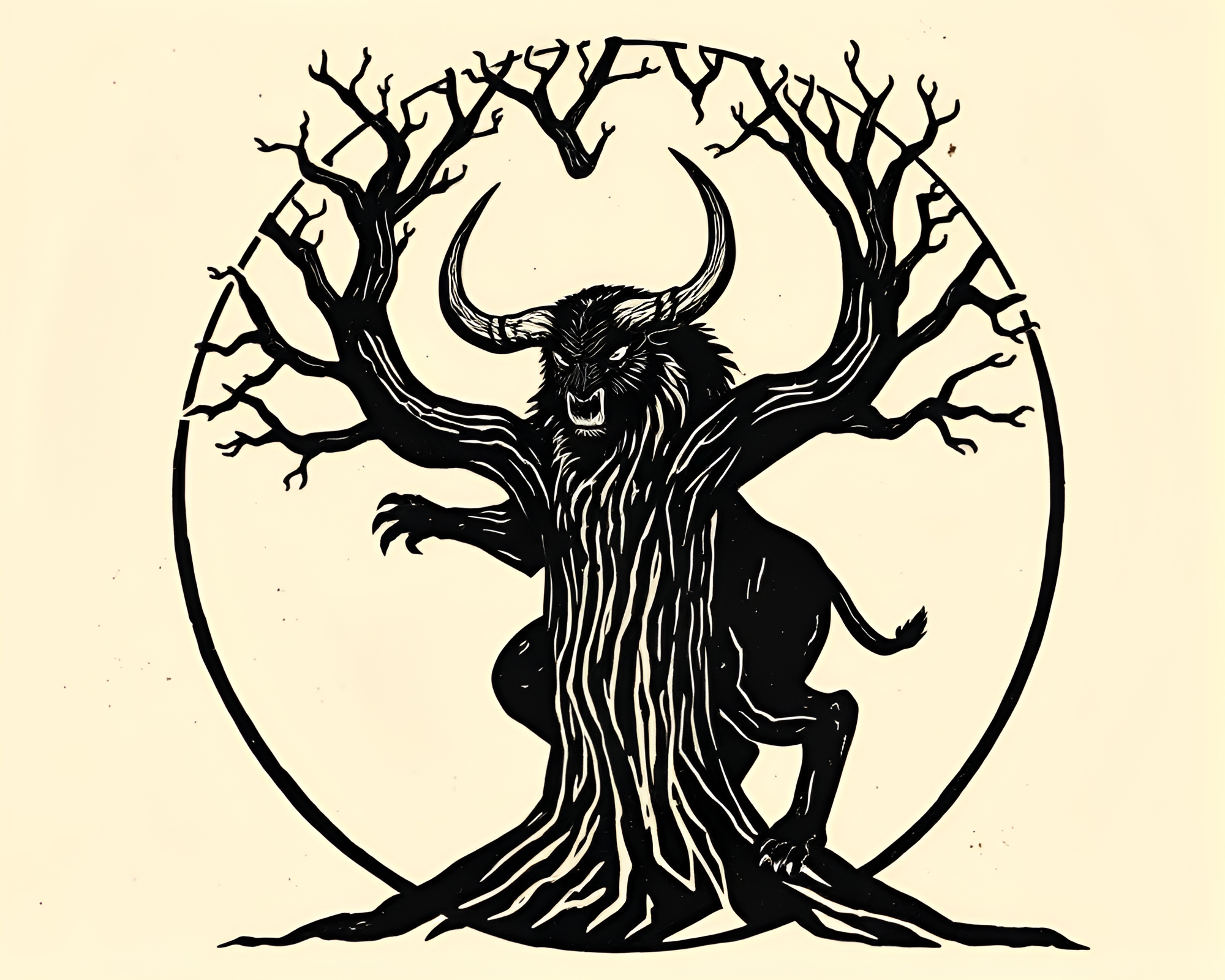 Minotaur Amidst Intricate Tree Ring Woodcut Print – free AI stock image