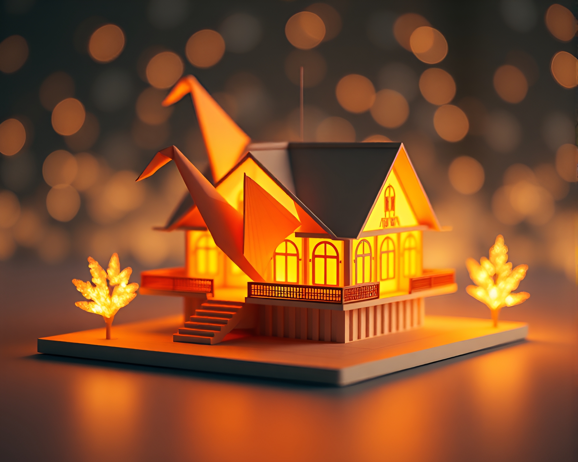 High-Poly Origami Crane in Opera-House Glow – free AI stock image