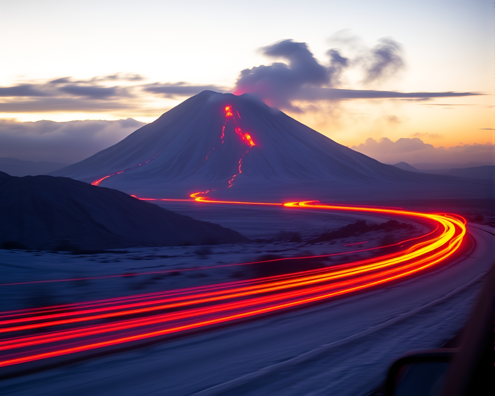 Volcanic Eruption Illuminated by Car Light Trails – free AI stock image