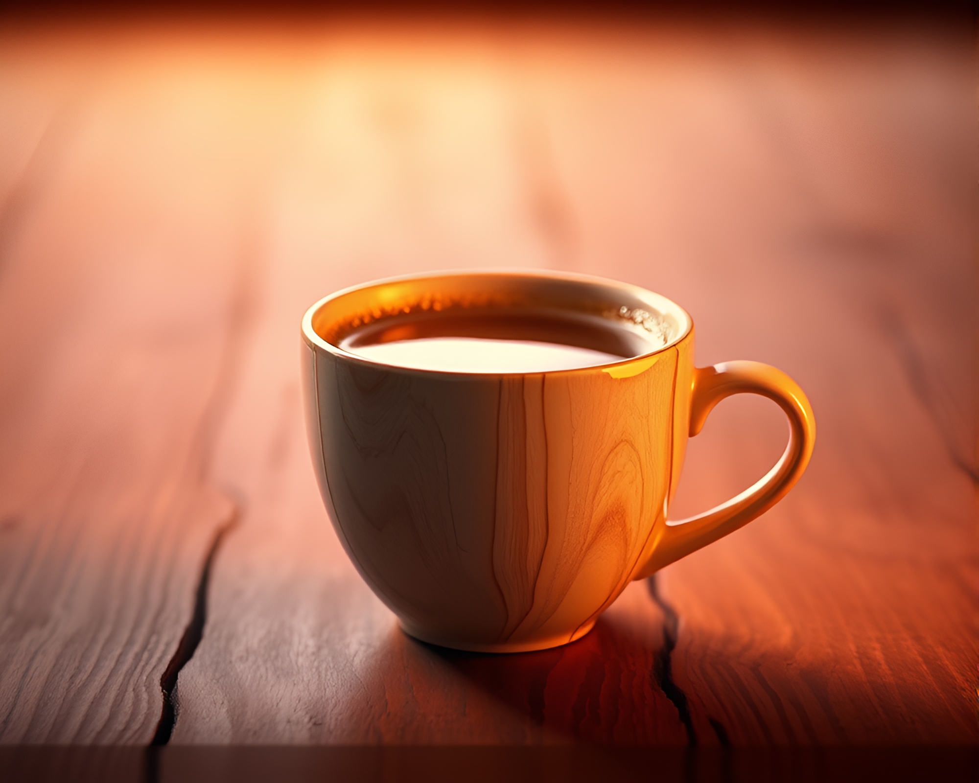 Coffee Cup on Wood Grains with Peachy Glow – free AI stock image