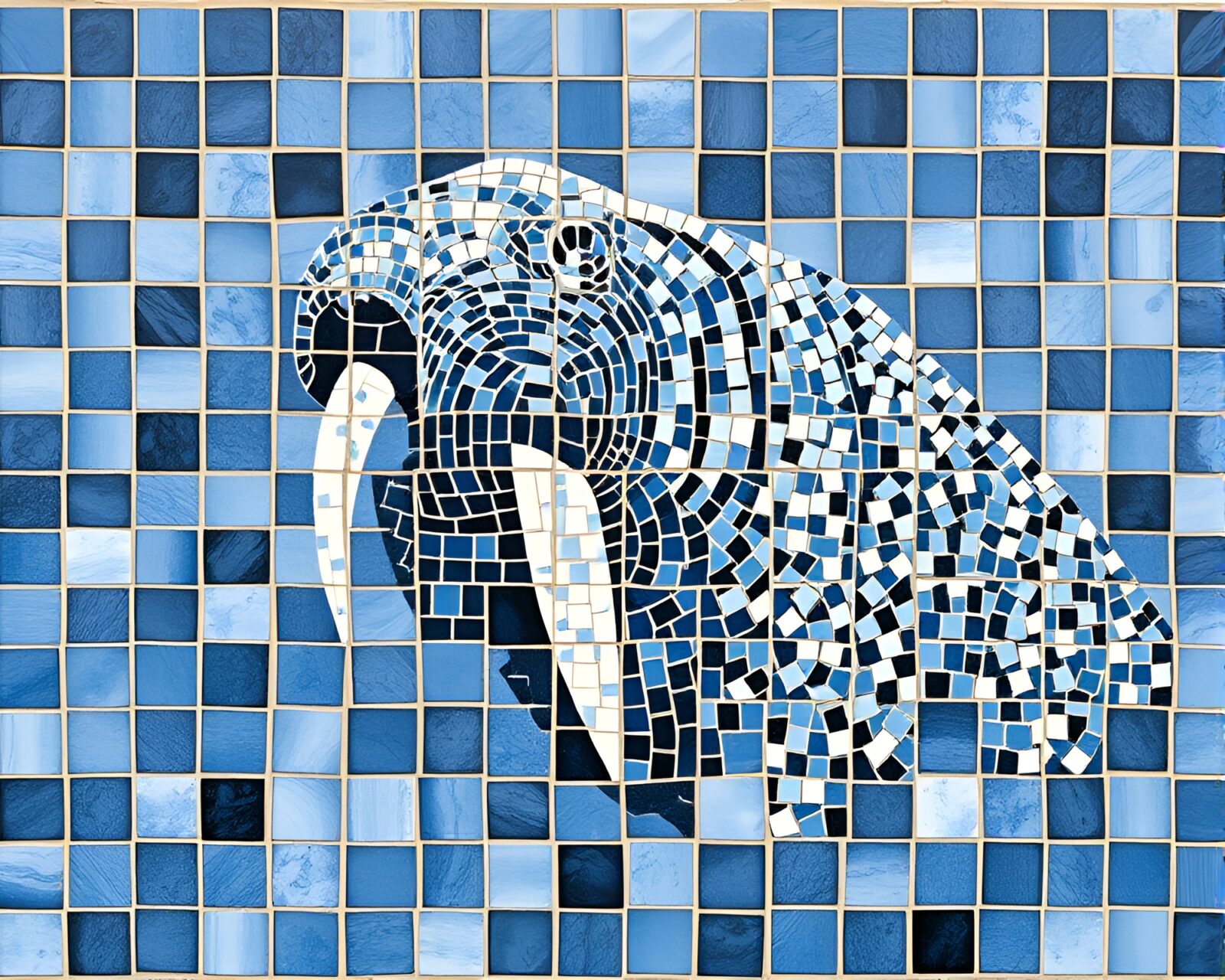 Tiled mosaic of a majestic walrus in soothing monochrome blue hues