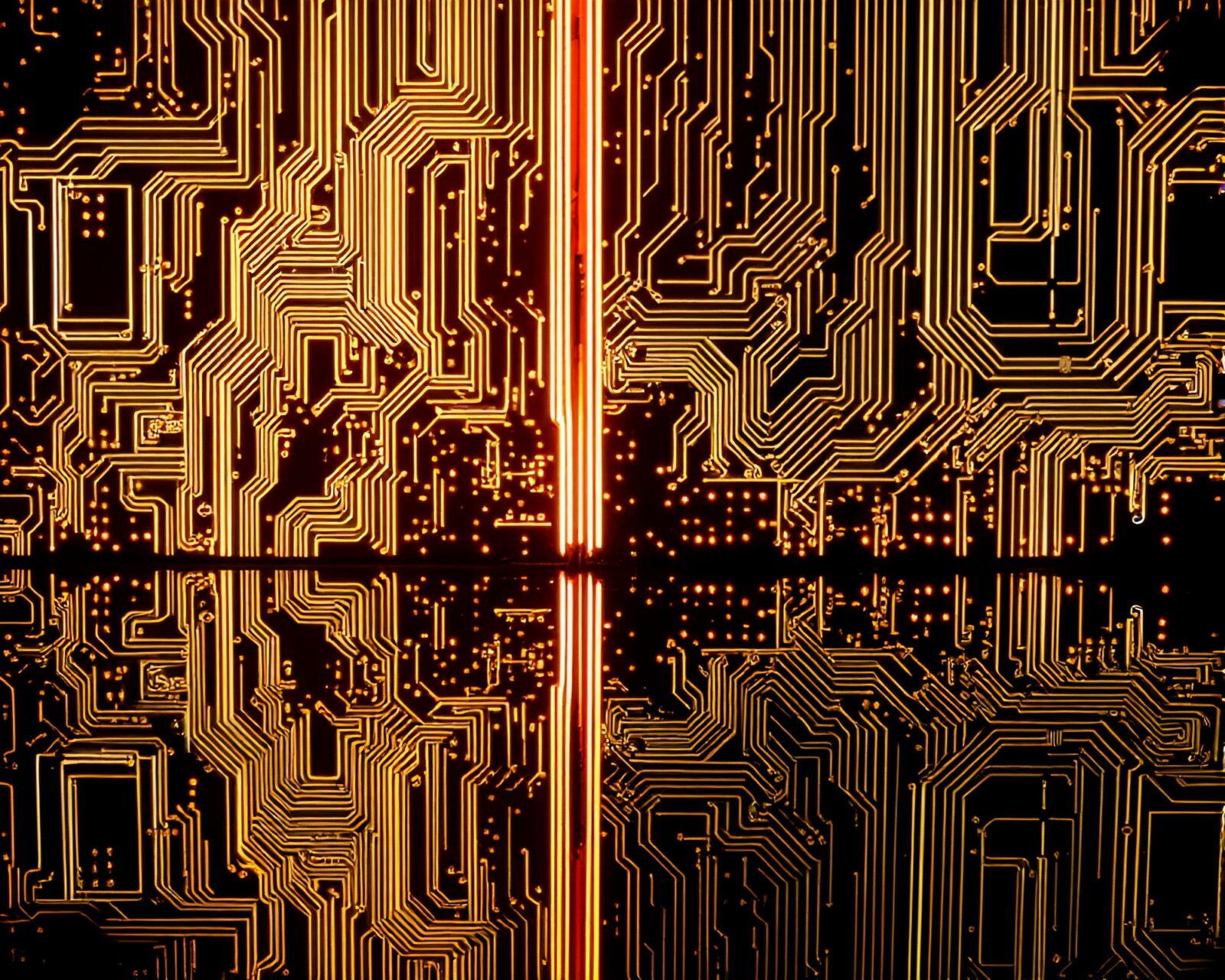Glowing neon circuit patterns reflecting on shadowed figure