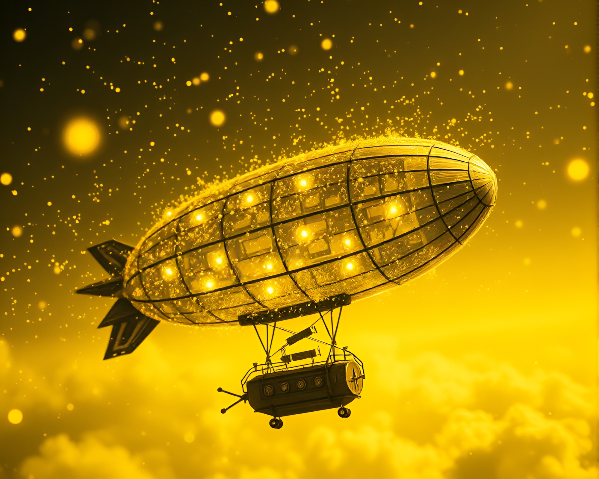 Steampunk Airship Floating Among Monochrome Yellow Particles – free AI stock image