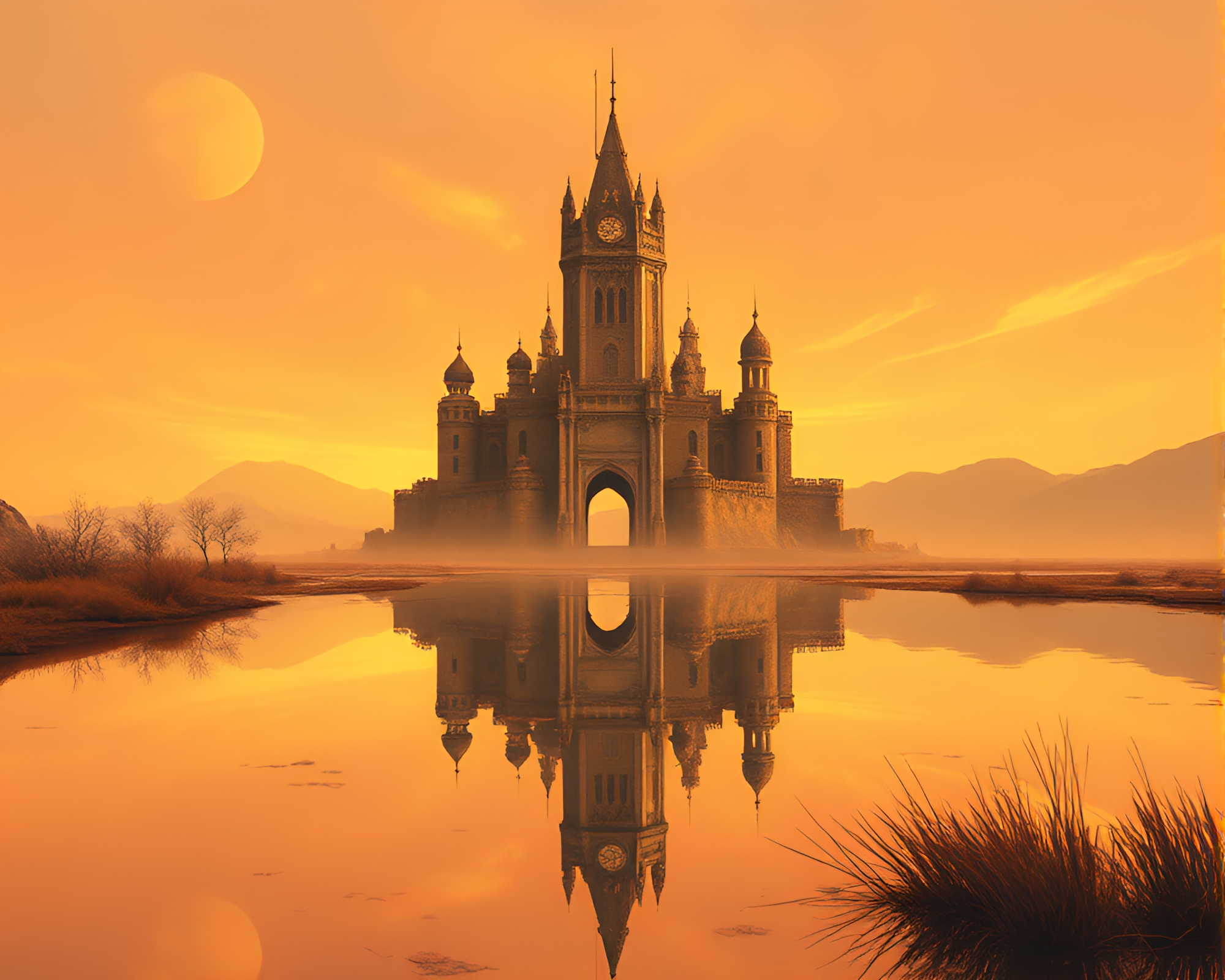 Majestic Deserted Castle Reflecting on Still Waters – free AI stock image