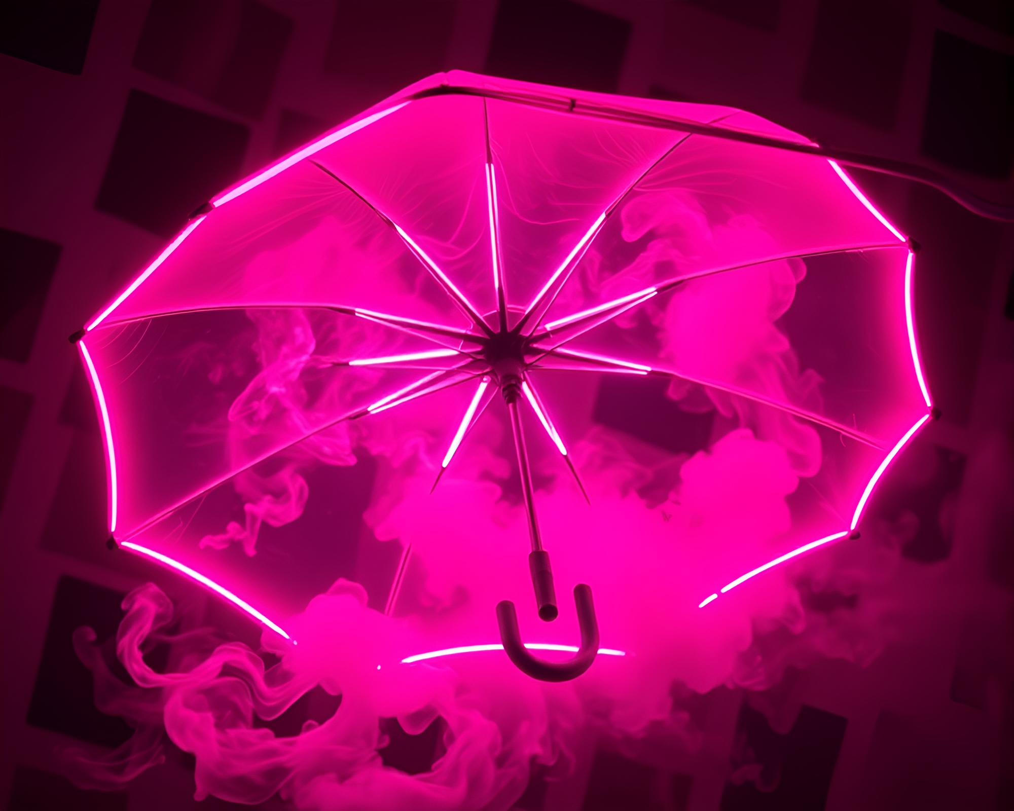 Glowing neon umbrella amidst swirling smoke rings – free AI stock image