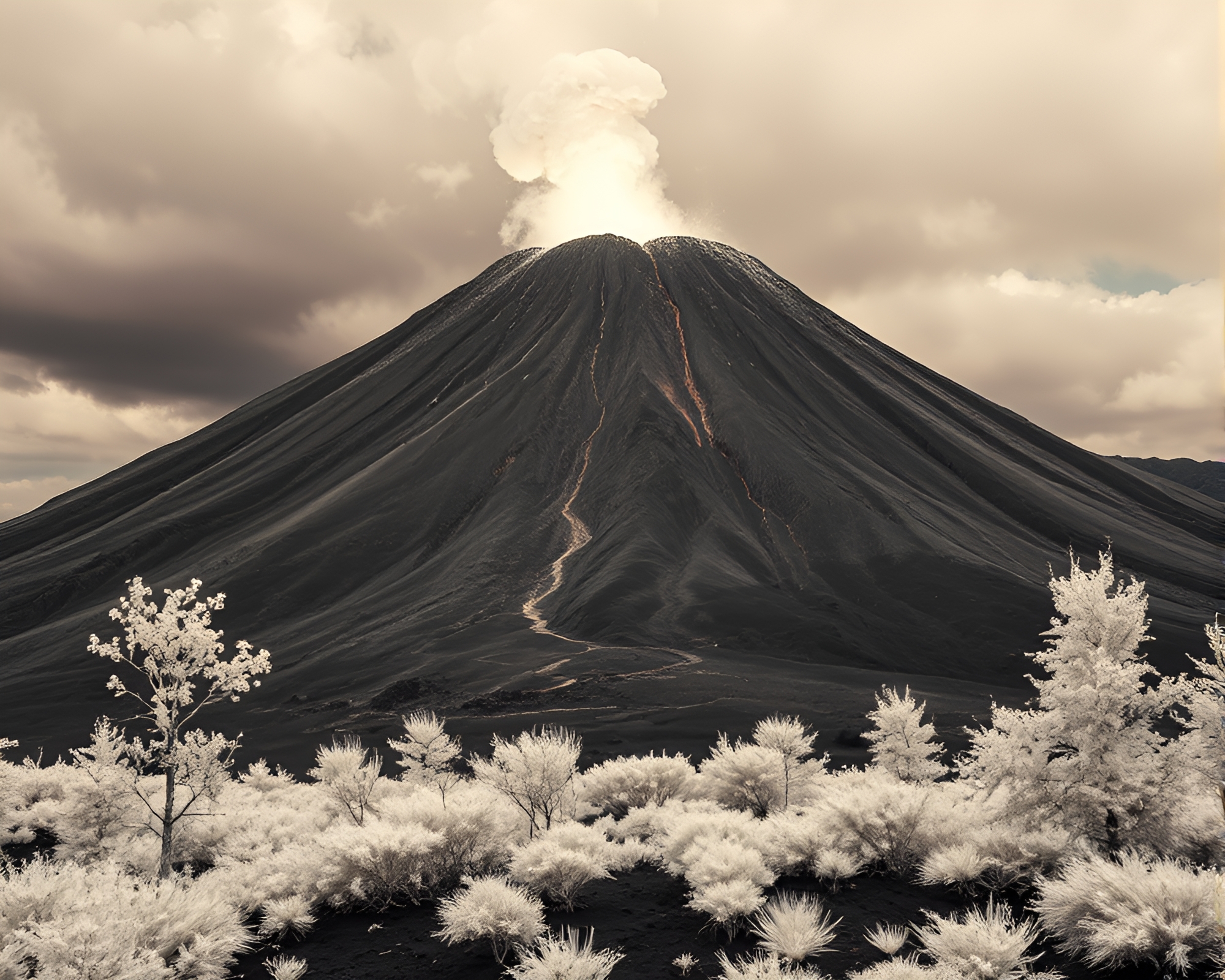 Mesmerizing Sepia-toned Volcanic Eruption in Infrared Balance – free AI stock image