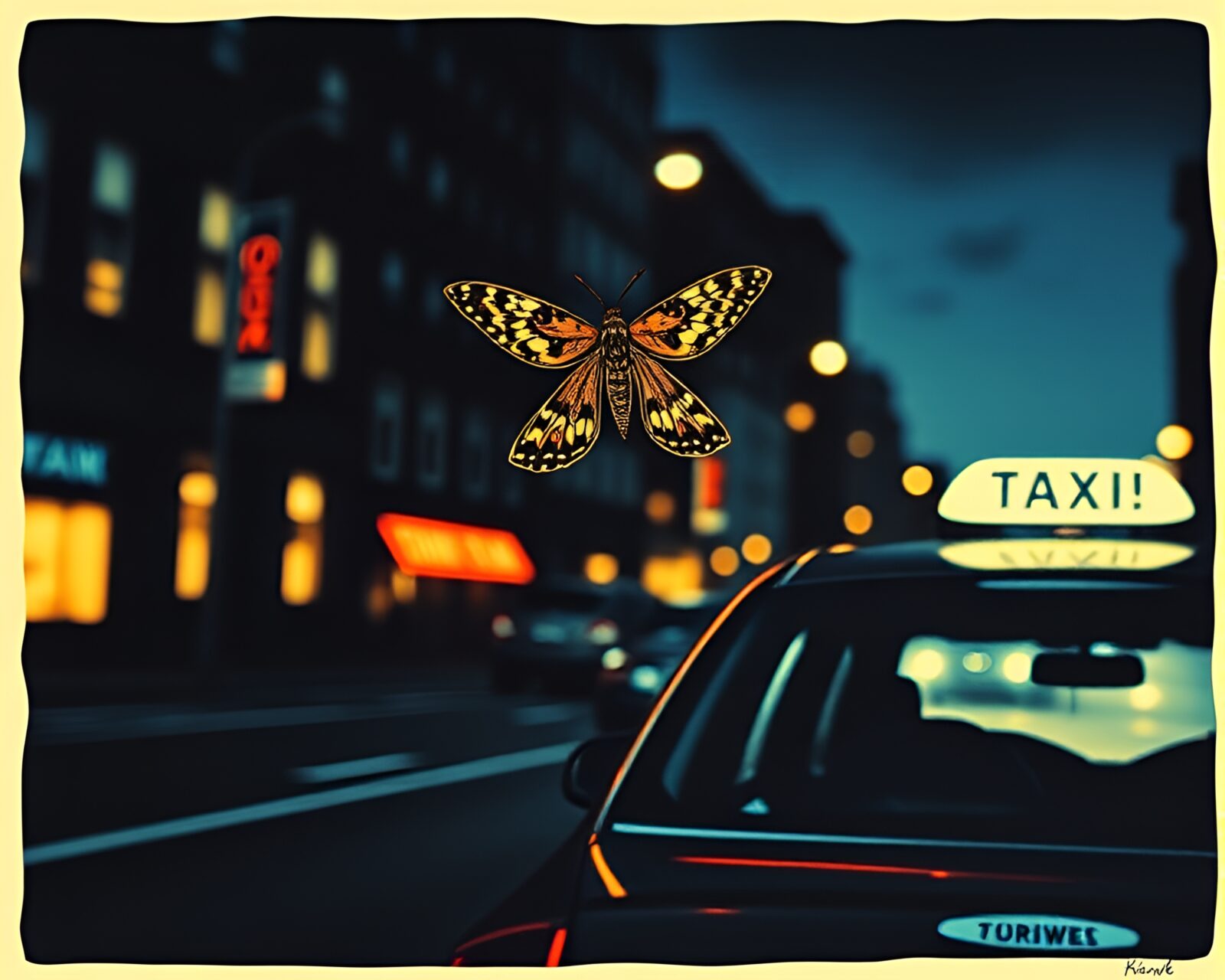 Blurry taxi and moth streaking through early light woodcut style