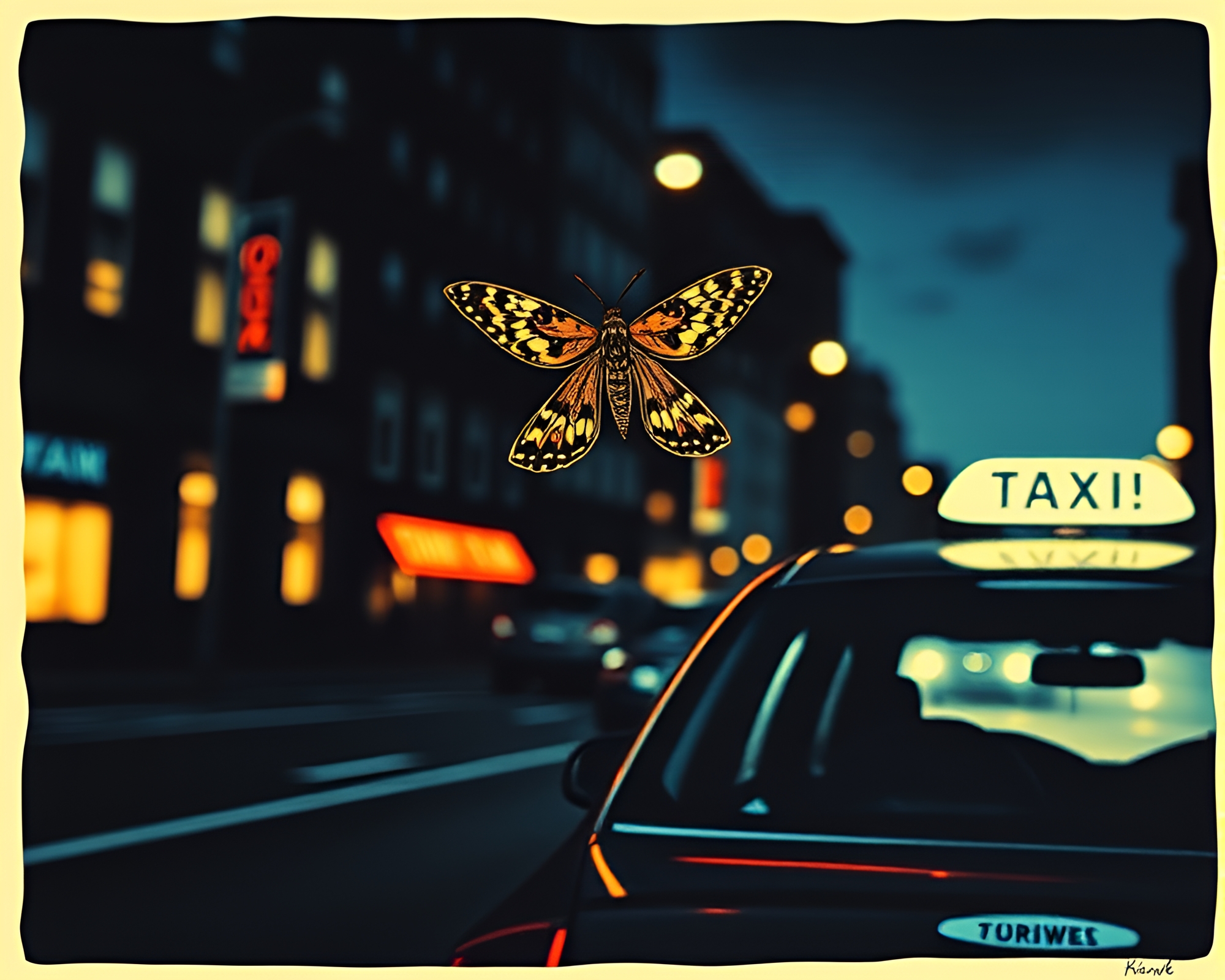 Taxi Moth Racing Through Cool Dawn Woodcut Streets – free AI stock image