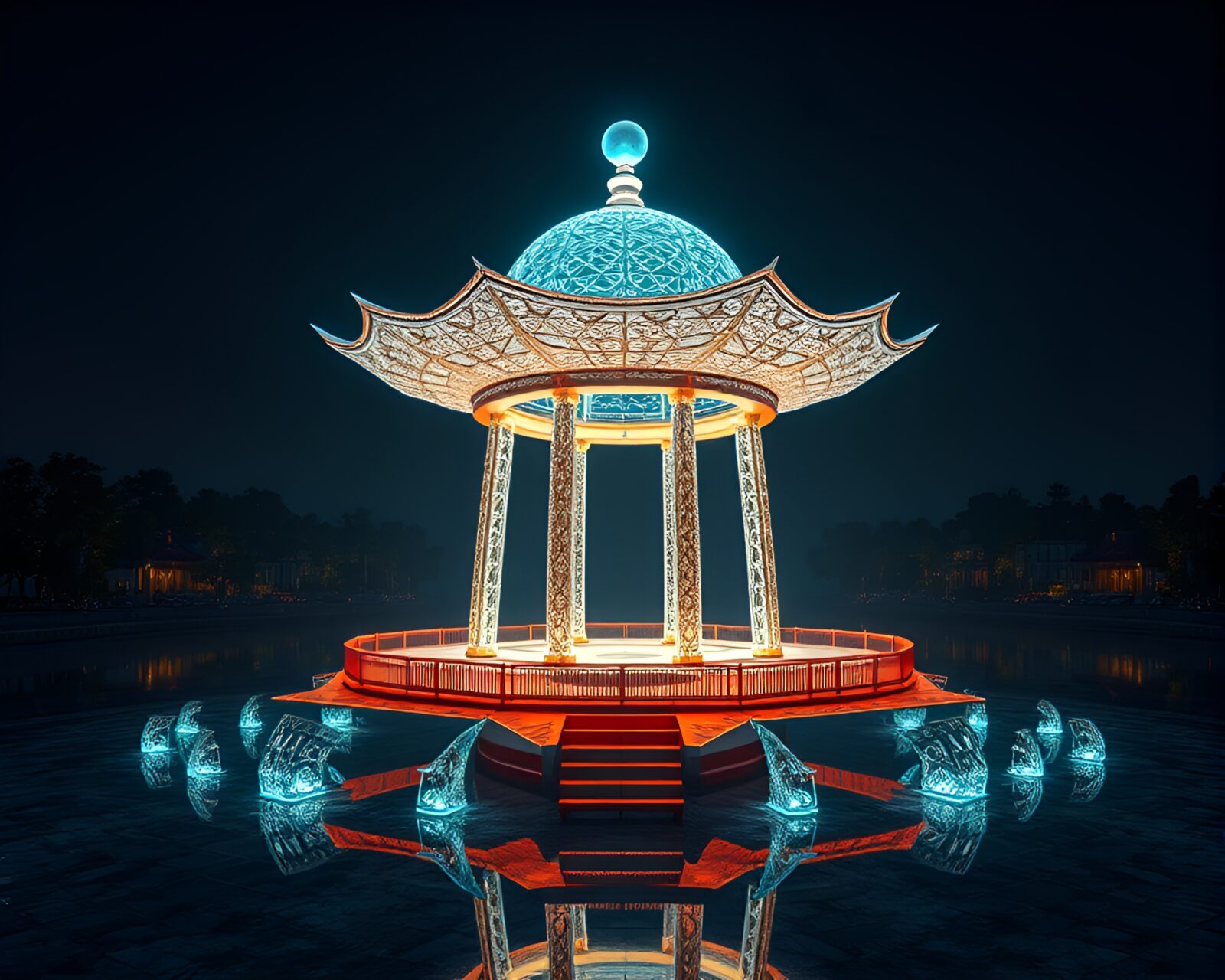 Surreal floating pavilion with intricate fractal design glowing softly