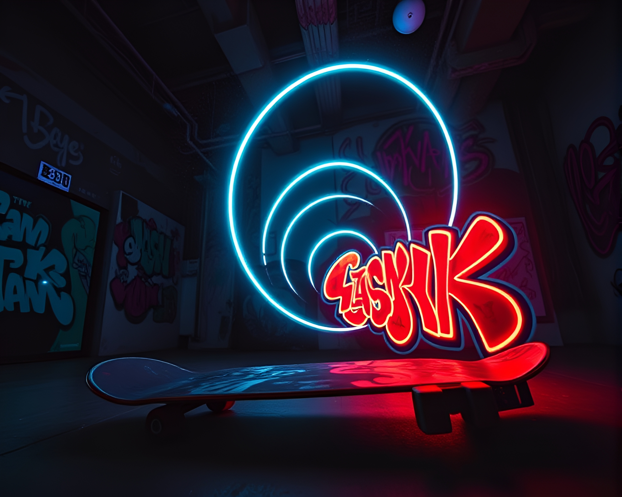 Skateboarder on Neon Graffiti Fibonacci Spiral – free AI stock image