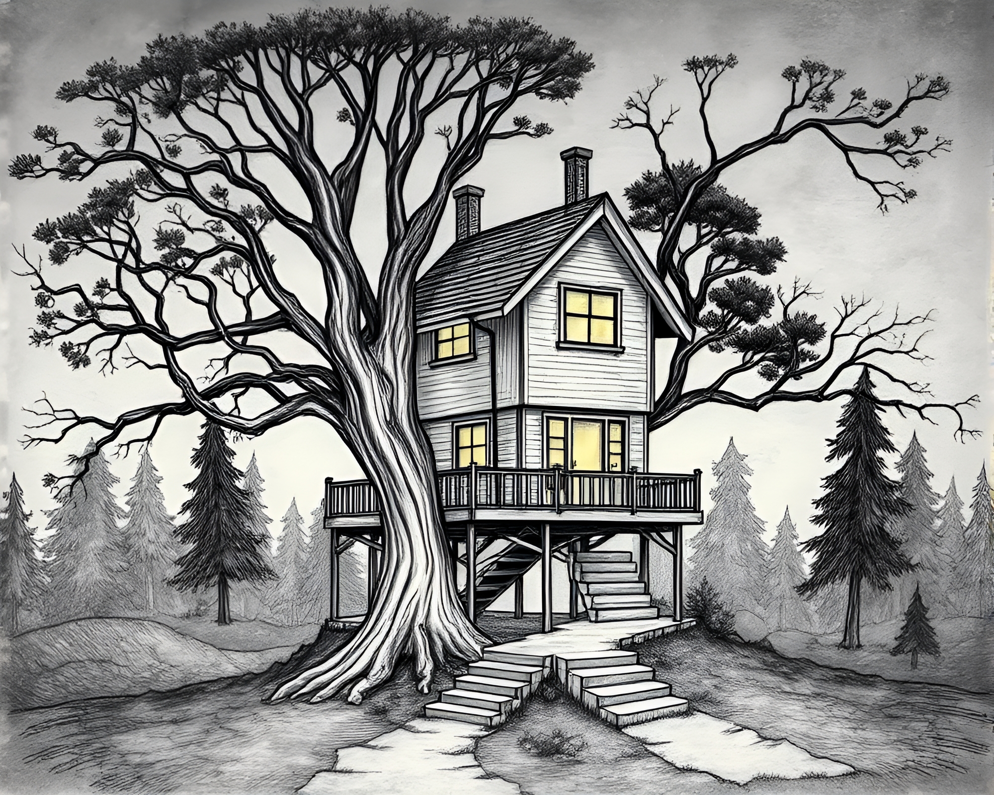 Surreal Treehouse Etching with Tenebrism – free AI stock image