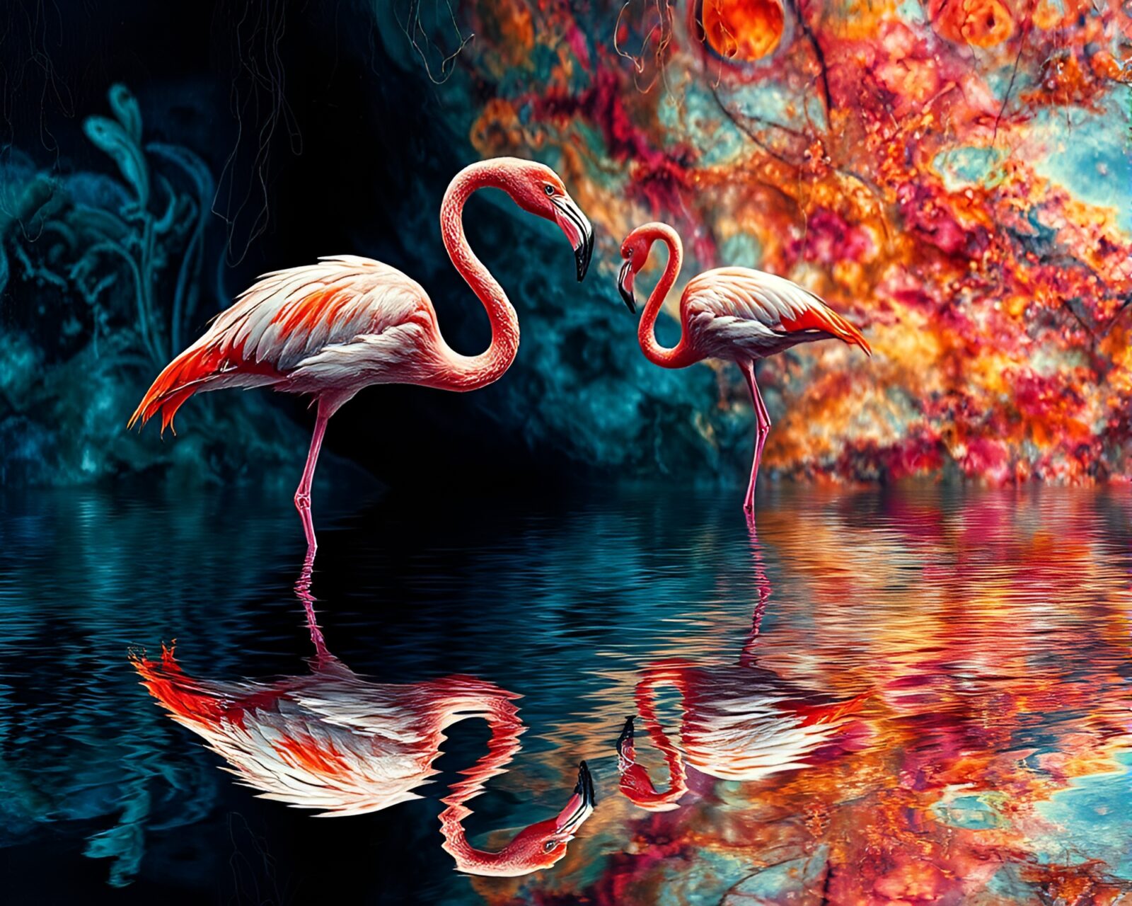 Abstract mirror shard with flamingo in oil-rich colors