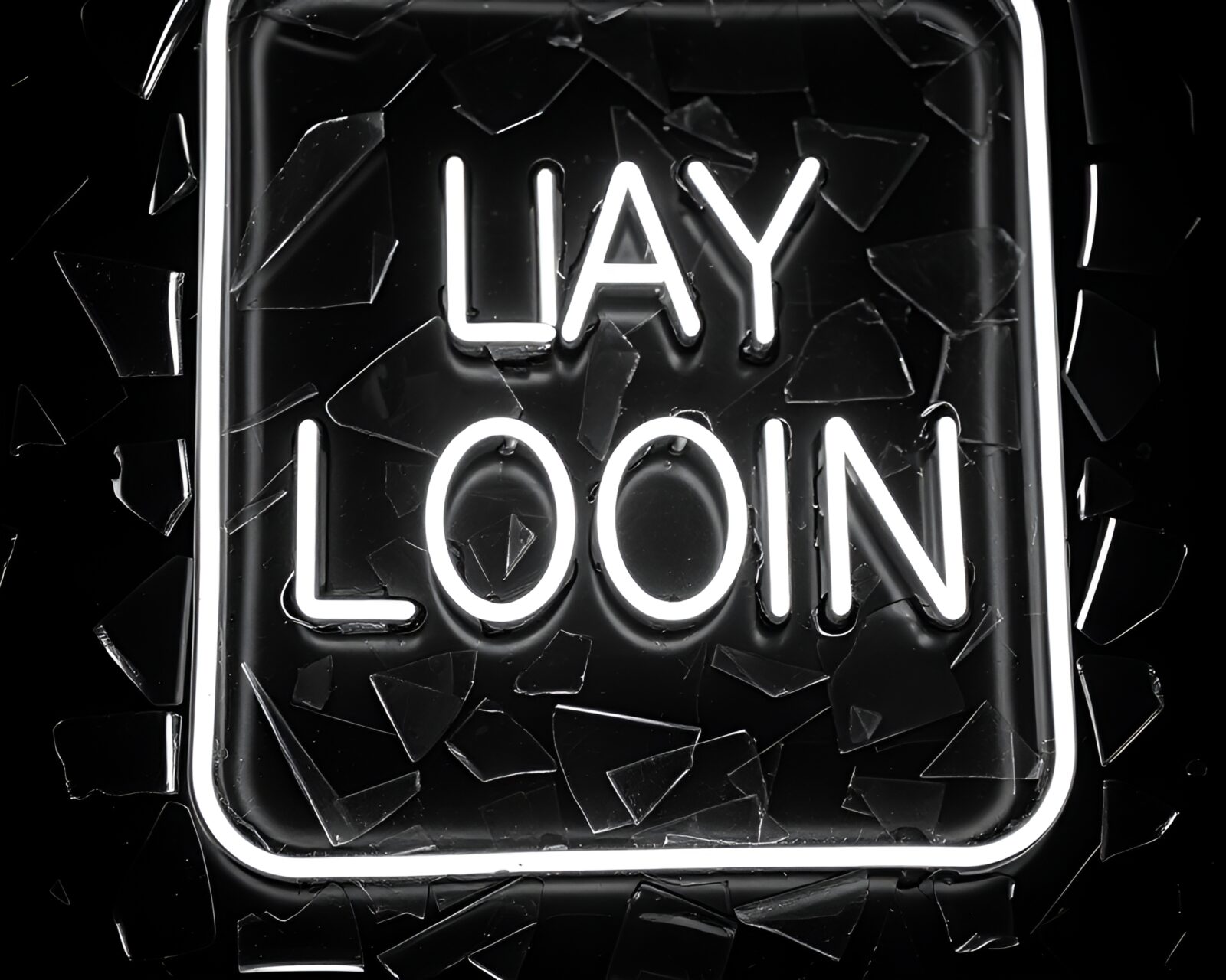 Monochrome urban scene with broken glass and glowing neon signs