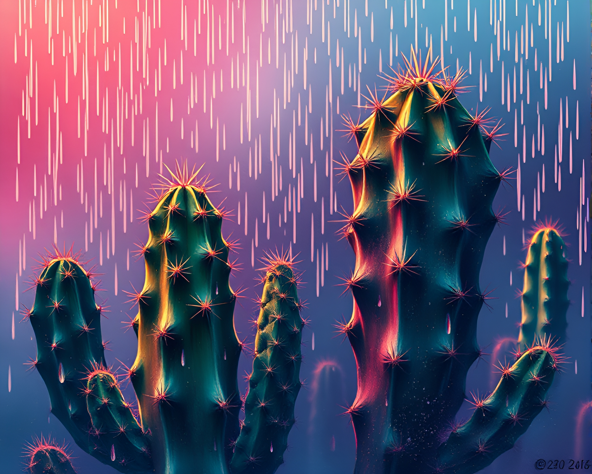 Neon Cactus Steampunk: Rain Droplets on Acid Palette – free AI stock image