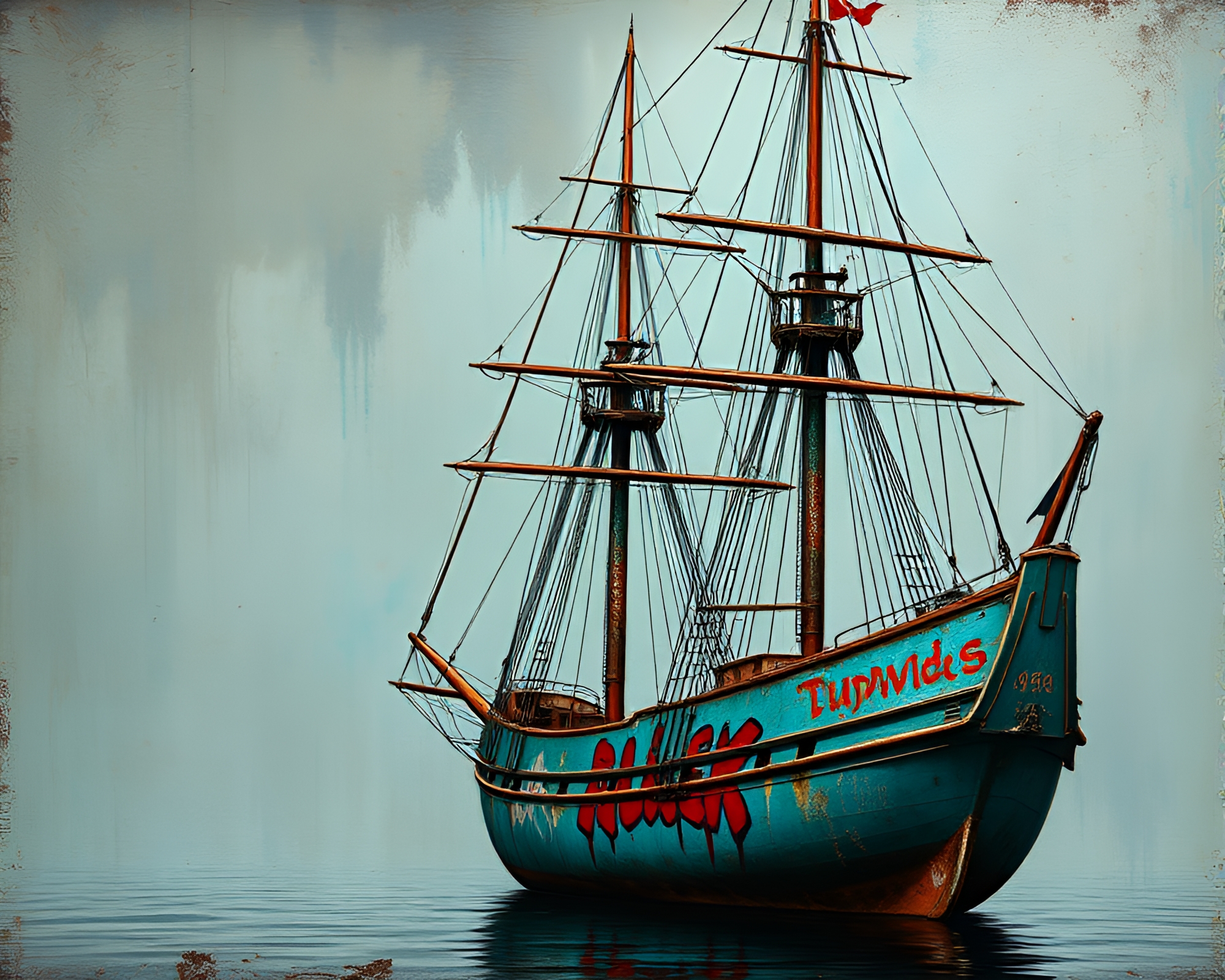 Copper Verdigris Classic Sailing Ship in 90s Graffiti – free AI stock image
