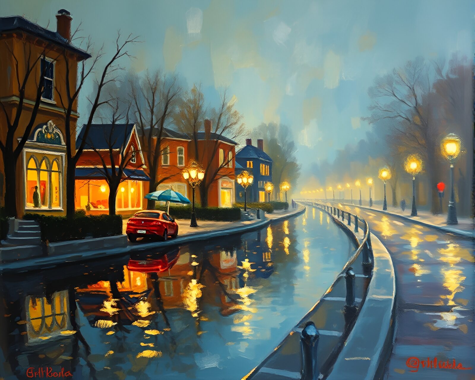 Glistening hot spring water reflecting impressionist streetlamp glow