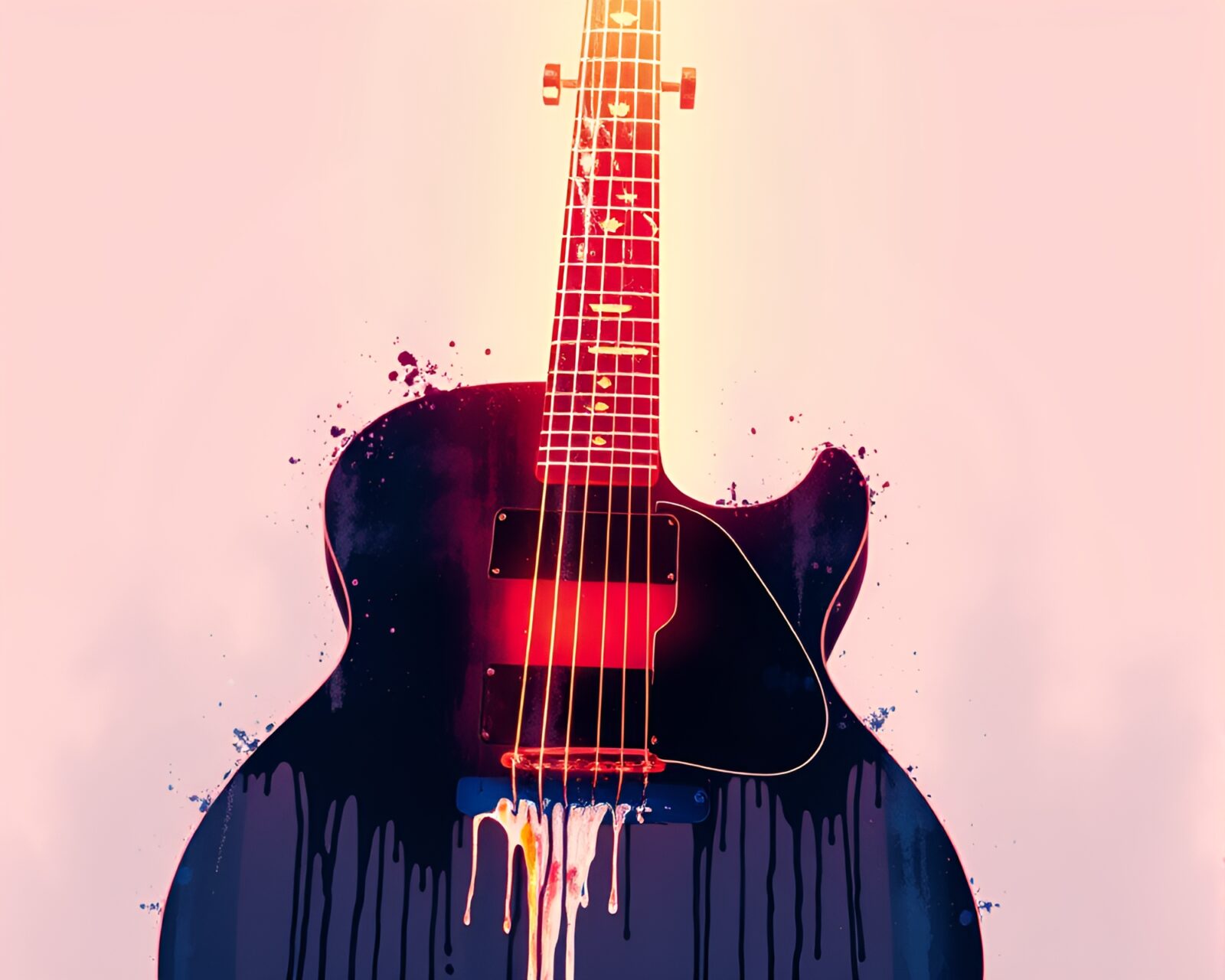 Ink wash drips swirl around glowing guitar data art