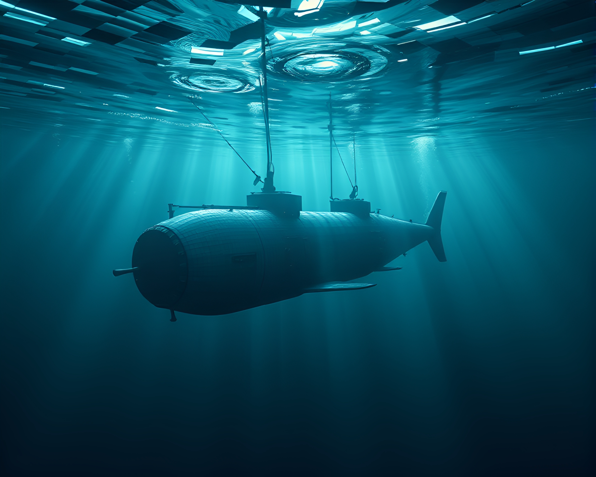 Futuristic Hyper-Realistic Submarine Grid Overlay Composition – free AI stock image