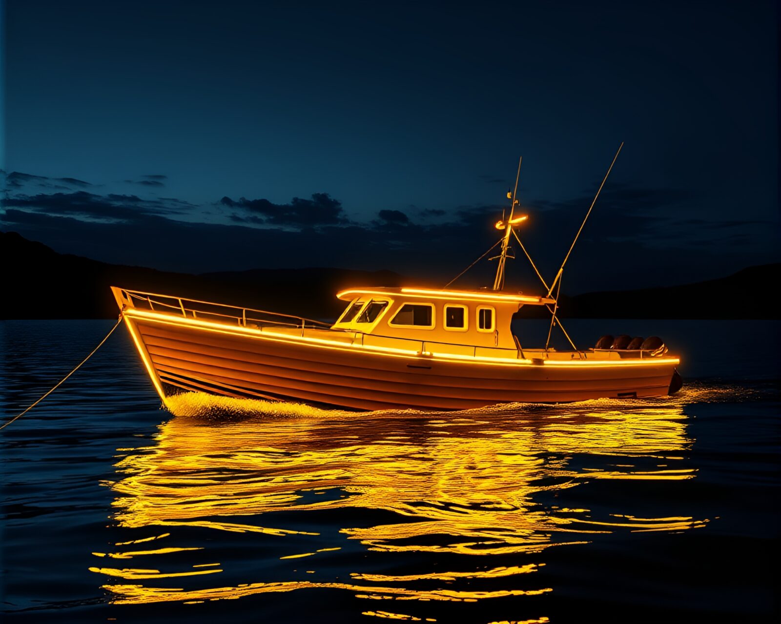 Vibrant mustard yellow hydrofoil boat surrounded by LED lights