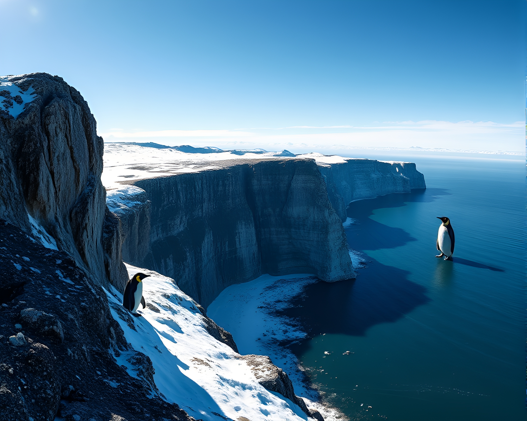 Surreal Penguin Cliffside Splatter Art Panorama – free AI stock image