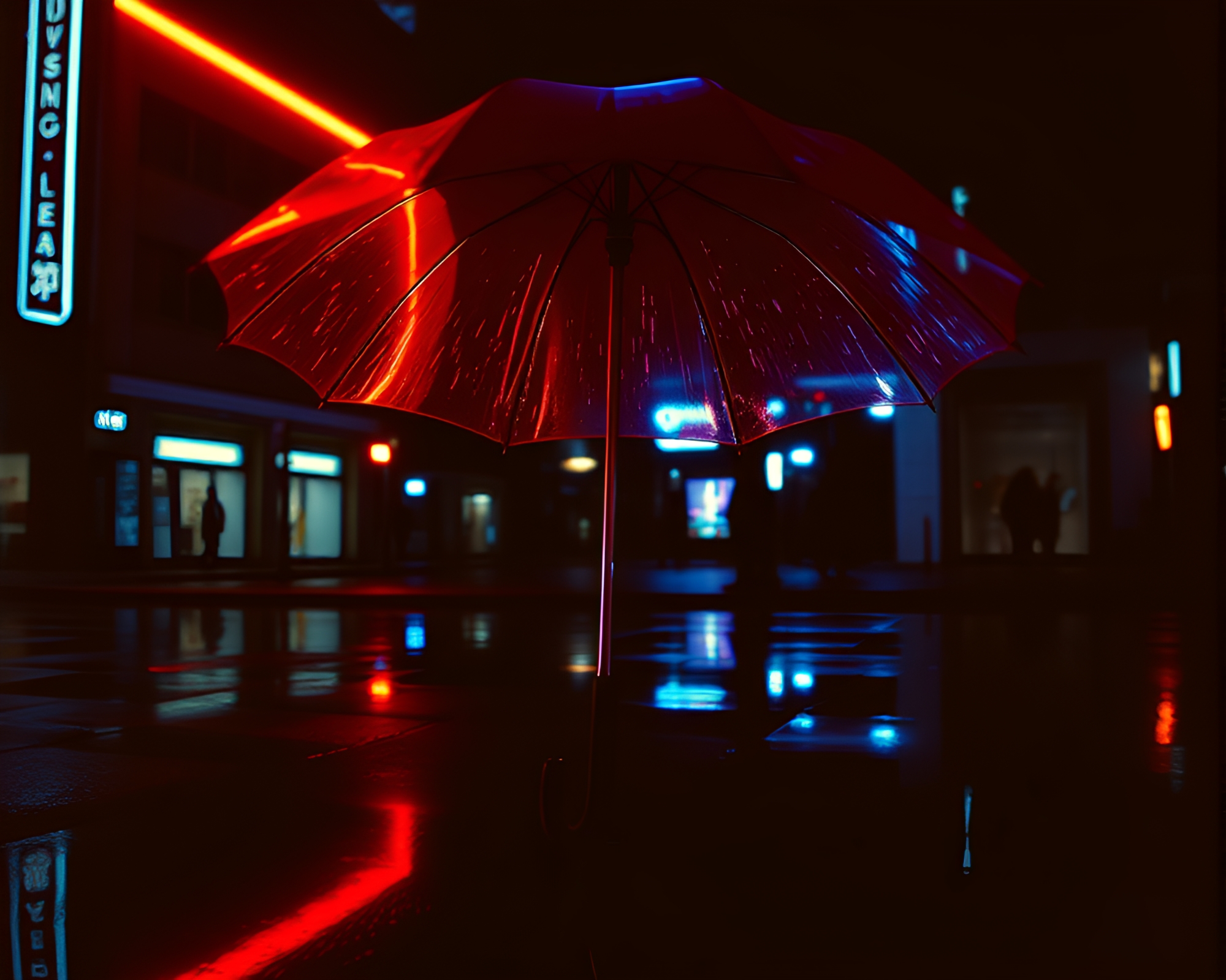 Neon-lit Umbrella’s Double Reflection in 80s Noir Scene – free AI stock image