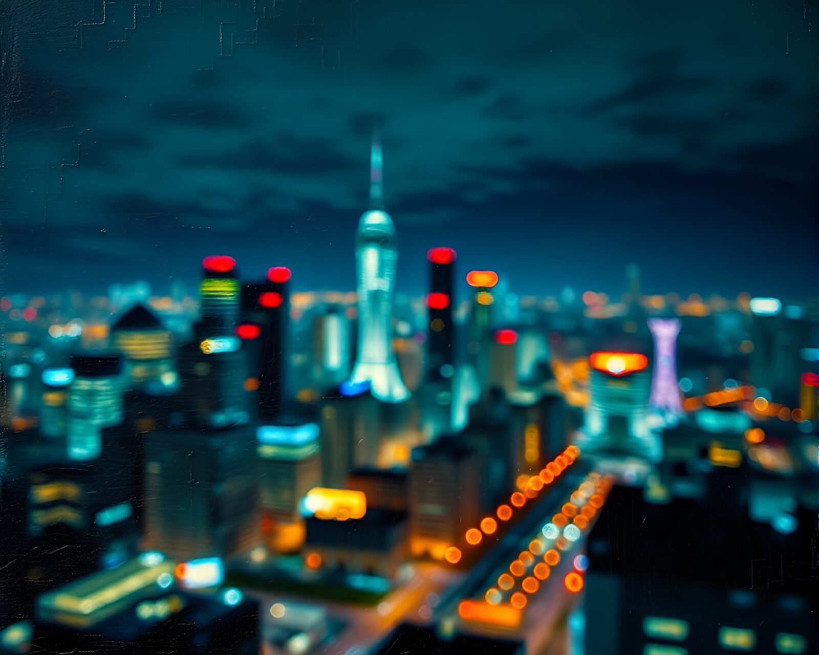 Glowing cyborg amidst city lights with textured oil strokes