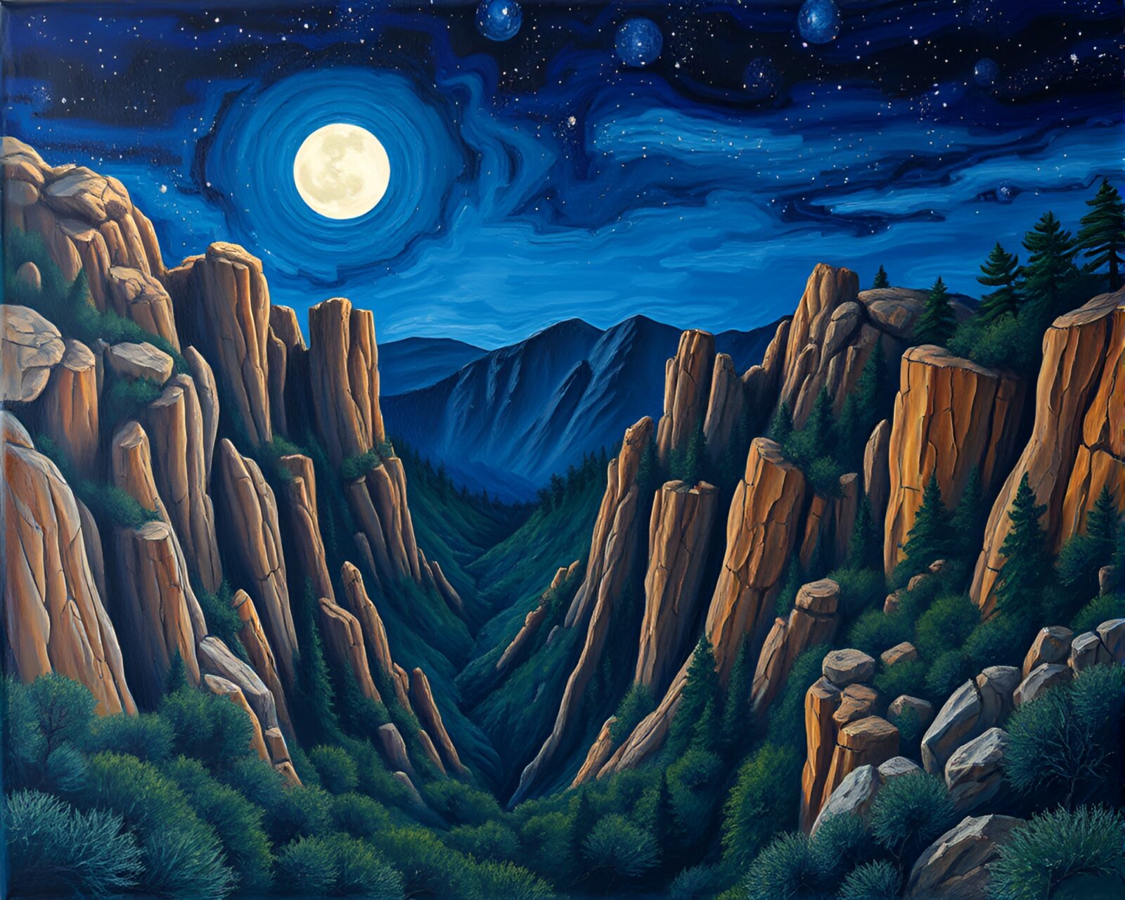 Surreal acrylic painting of moonlit canyon with intricate wood grains