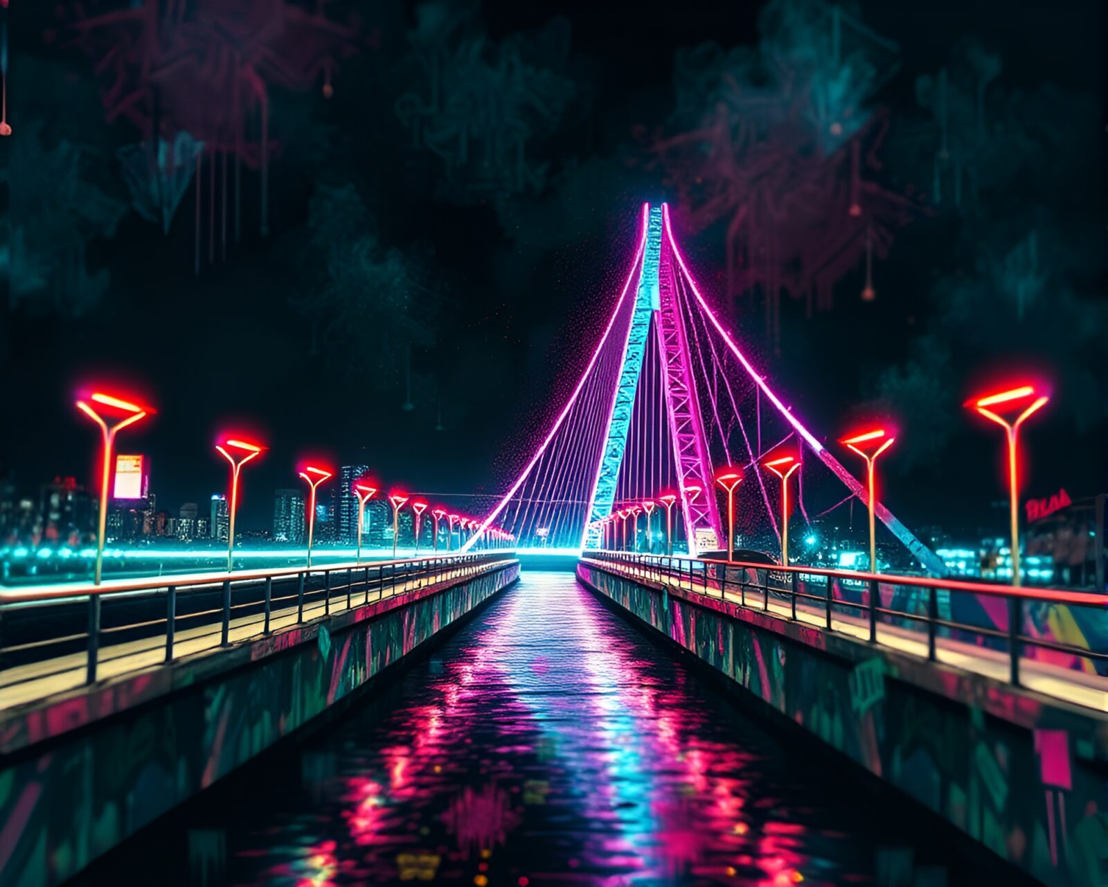 Abstract neon-lit bridge with fractal patterns in retro-futuristic style