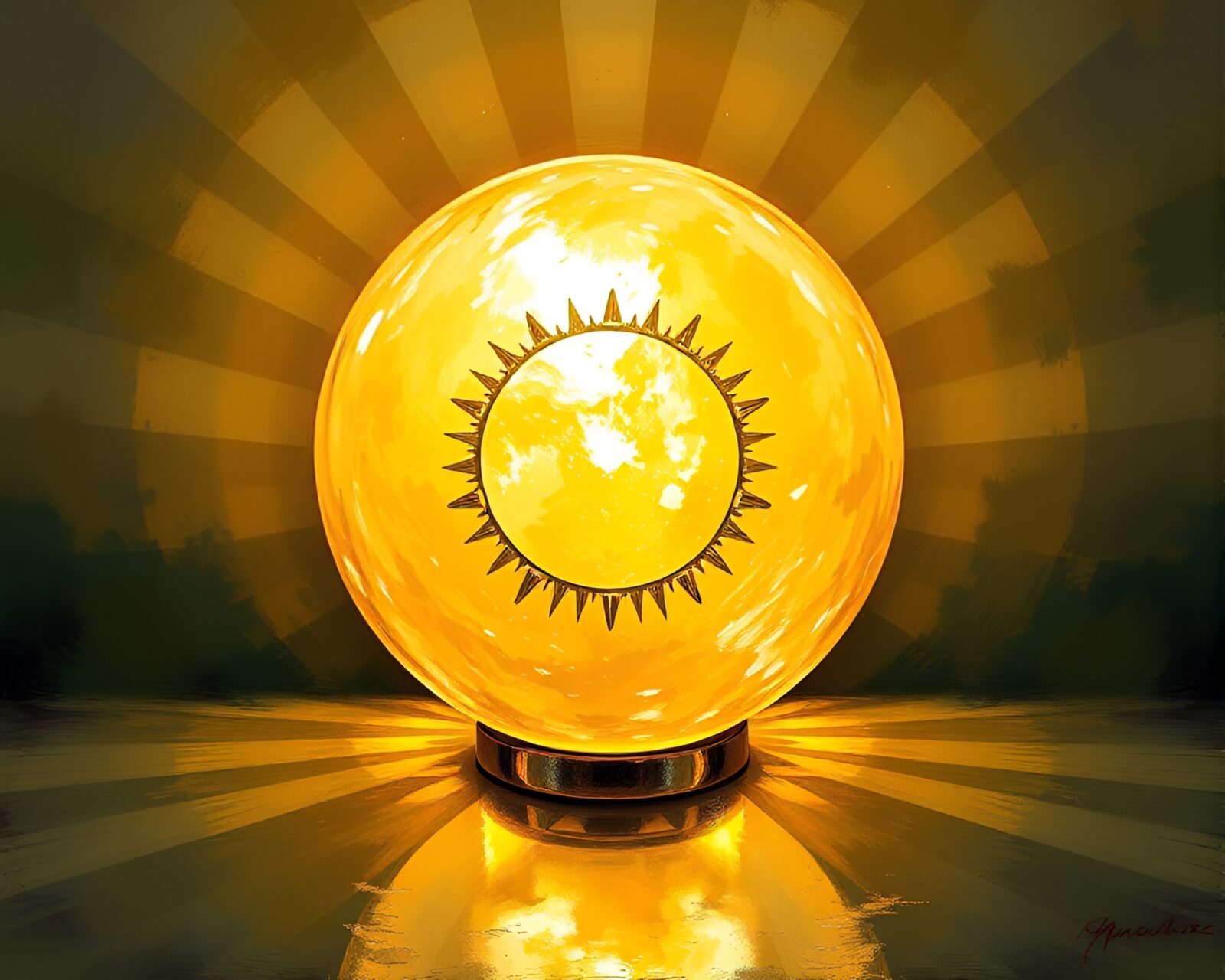 Radiant glass orb glowing under warm library lamp light