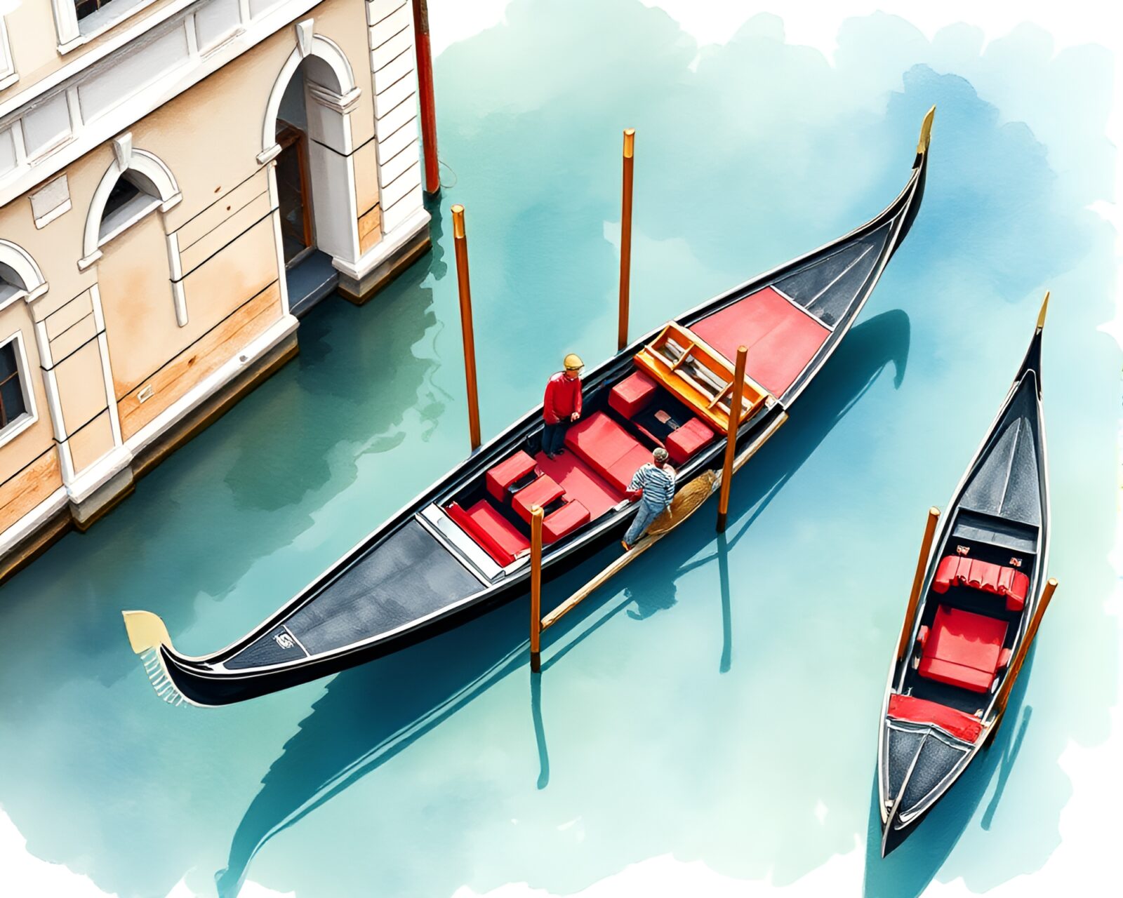 High-angle view of watercolor Venetian gondola on canal