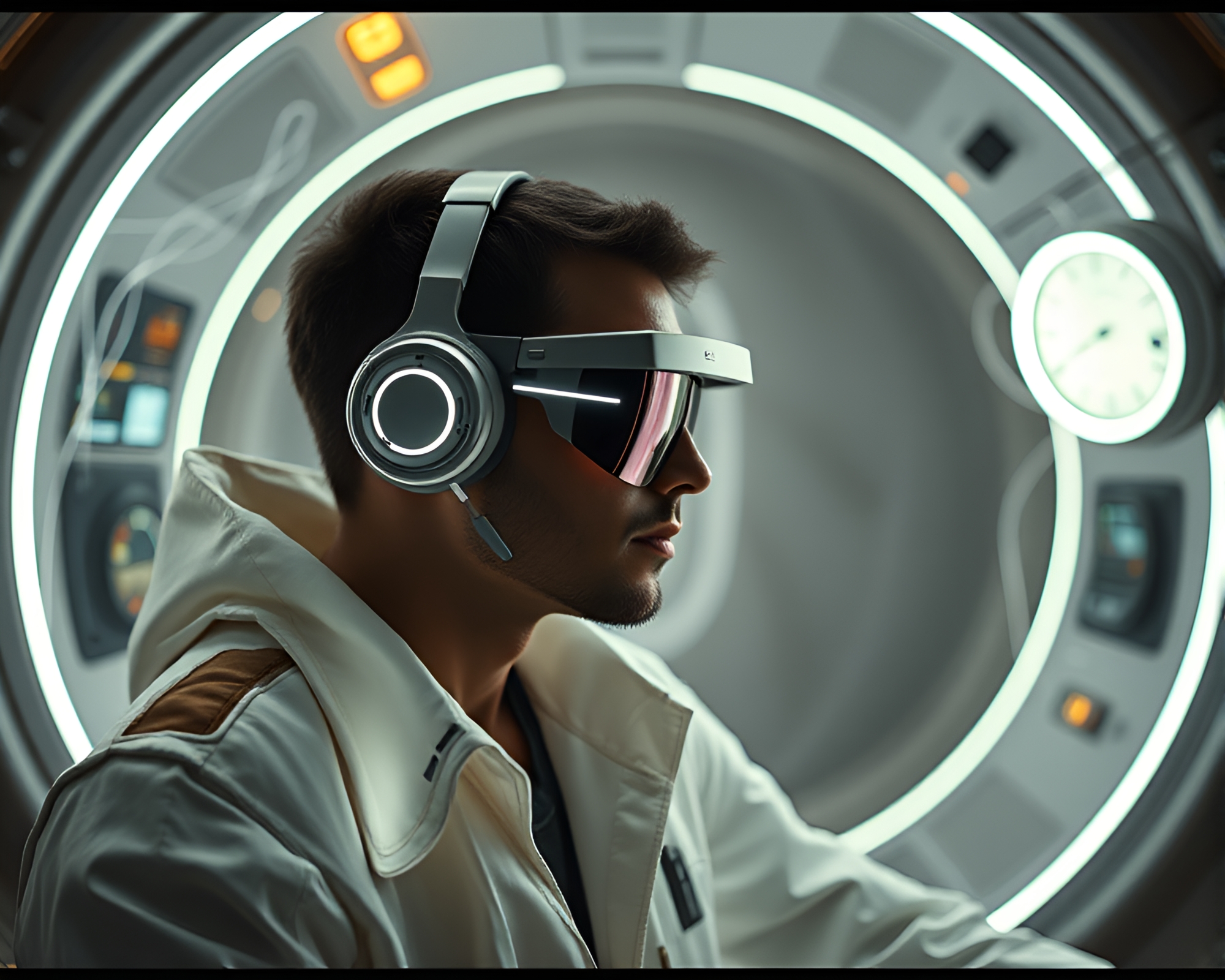 Chrono Voyage: Retro-futuristic Fiber Optics Time Traveler – free AI stock image