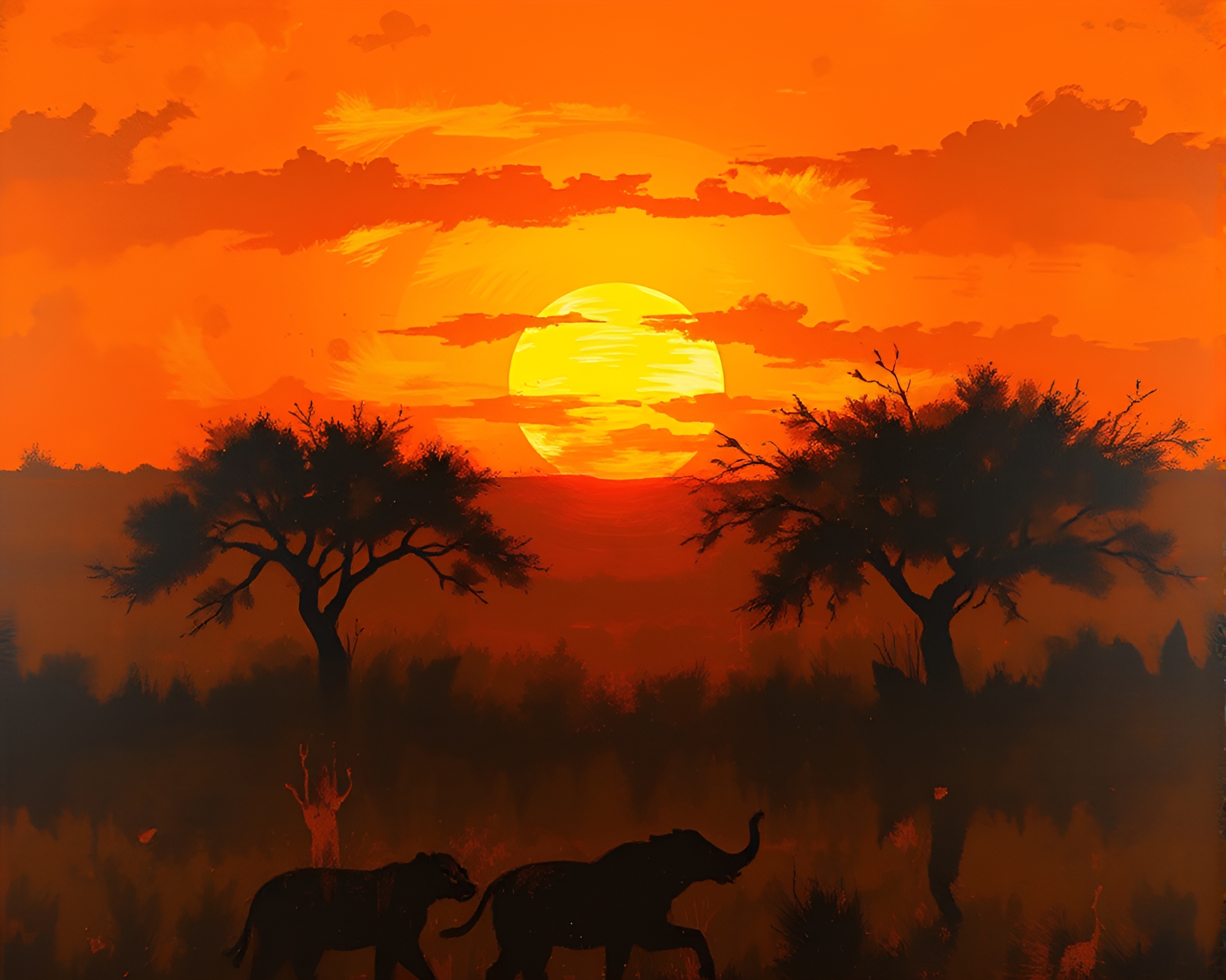 Savanna Sunset: Expressionist Painting with Sun Glare – free AI stock image