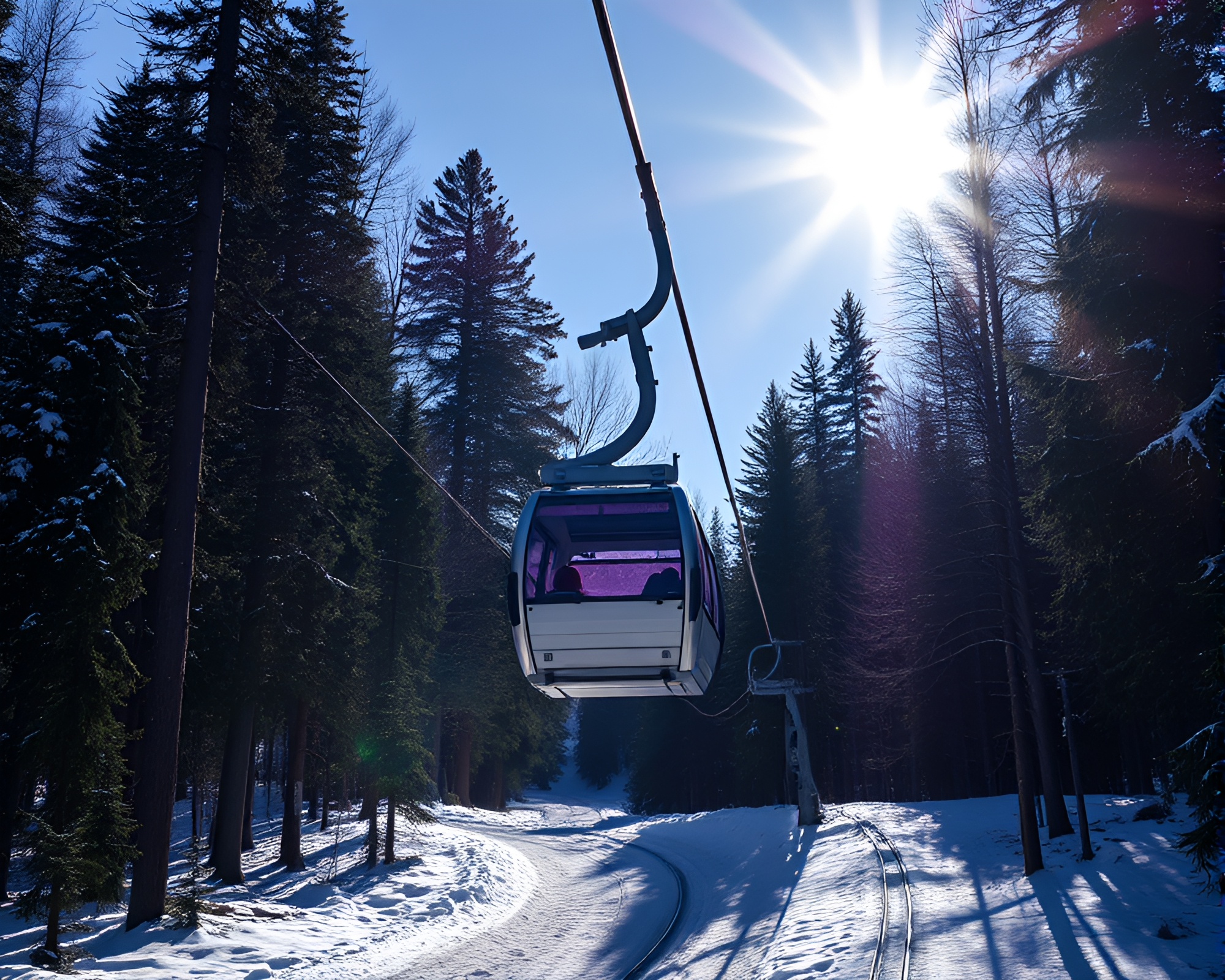 Gondola lift through amethyst wood grain tunnel – free AI stock image