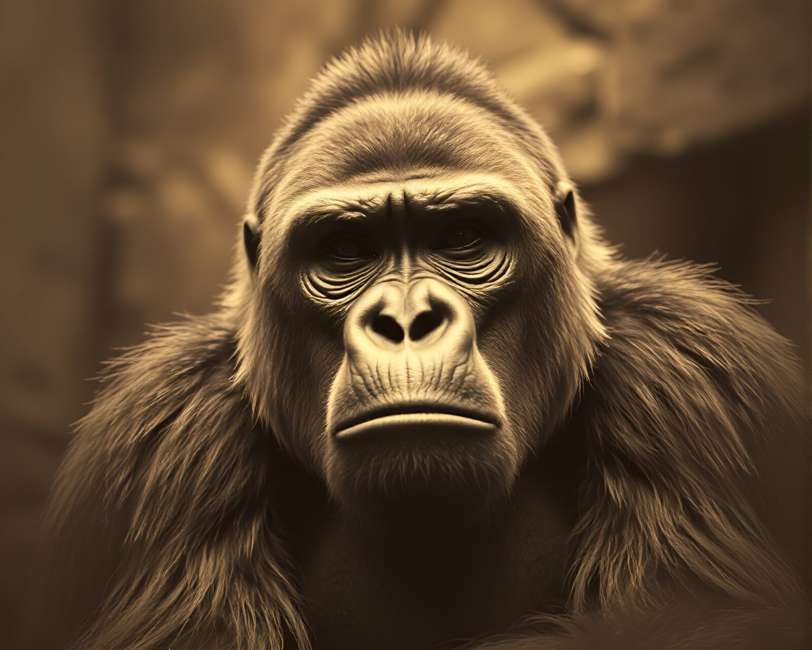 Off-center sepia-toned gorilla in dynamic op art style