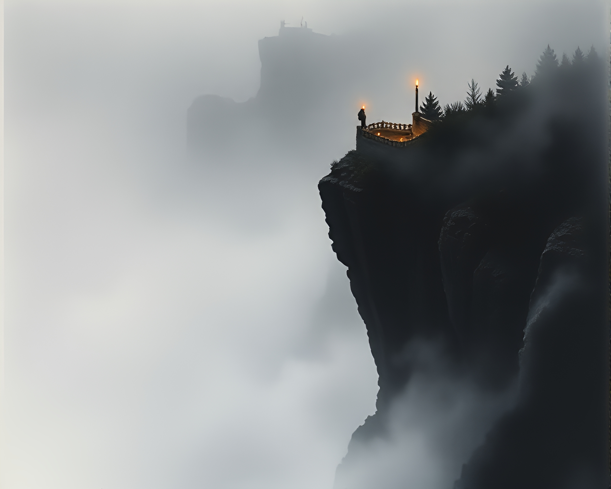 Misty Cliffs with Candlelit Glow Ink Wash Art – free AI stock image