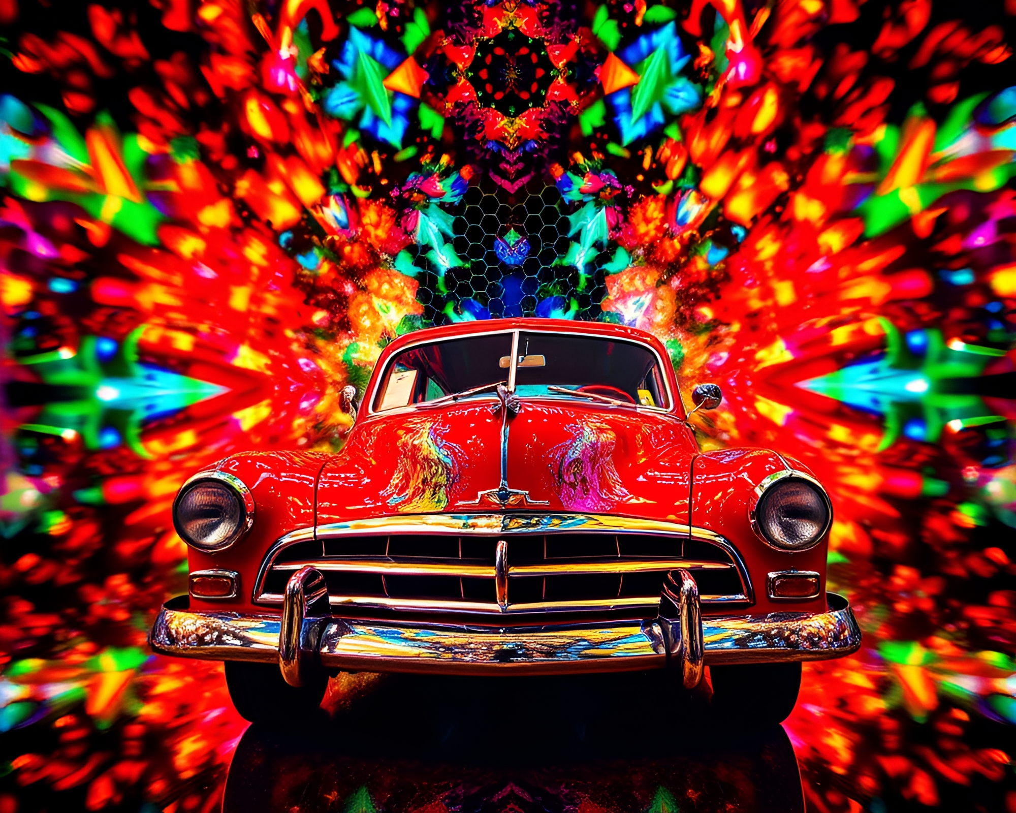 Vintage Car Kaleidoscope in Cosmic Kinetic Art – free AI stock image