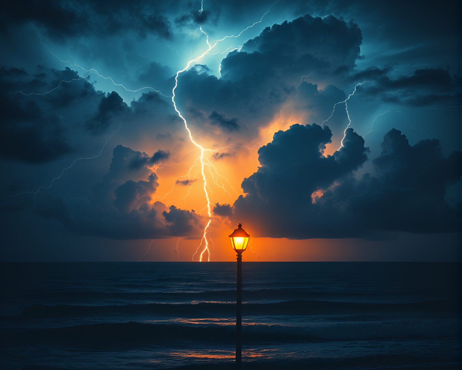 Dark silhouette of a figure under a stormy sky bathed in streetlamp light