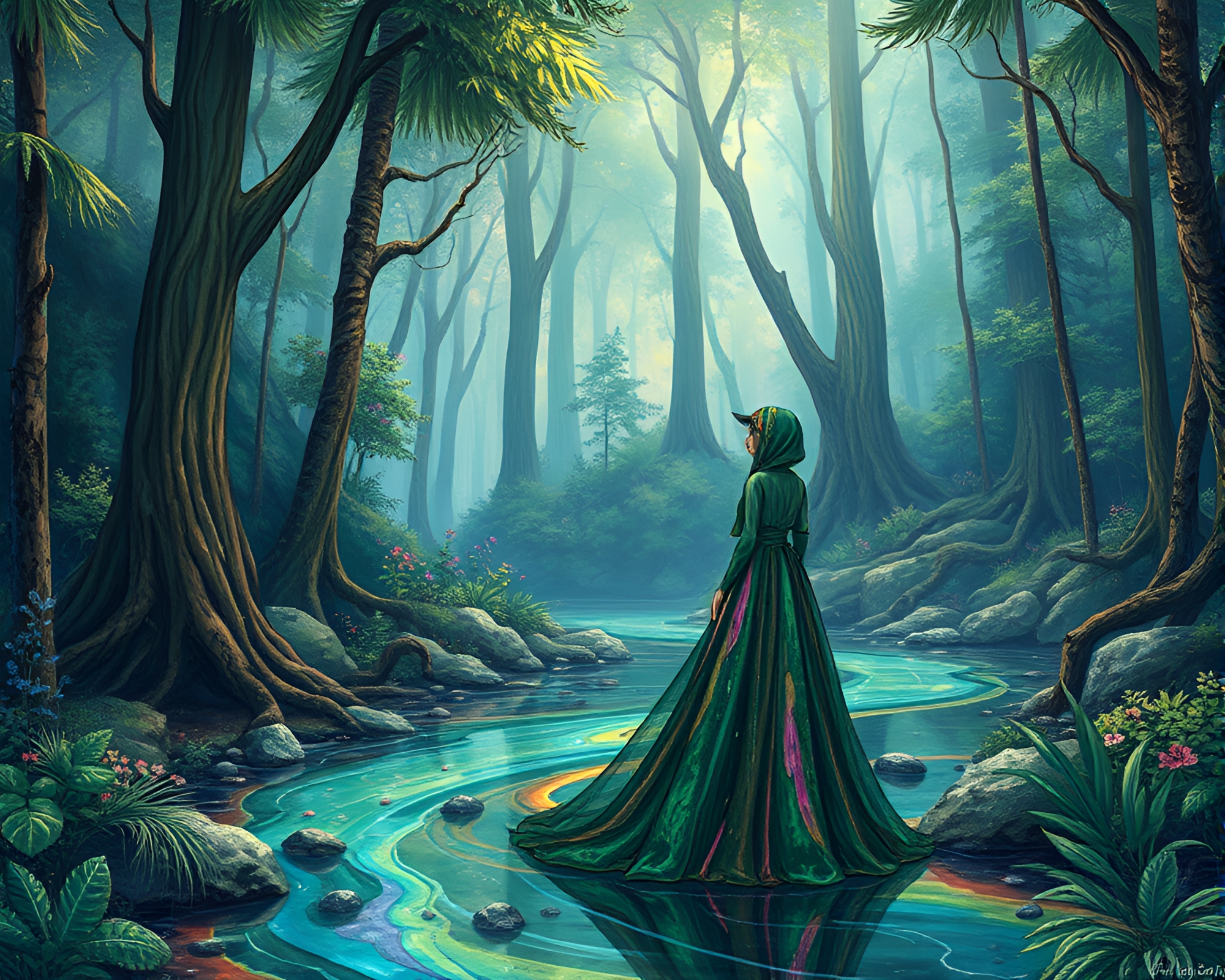 Enchanted Oasis: Oil Slick Rainbow Fashion Illustration – free AI stock image