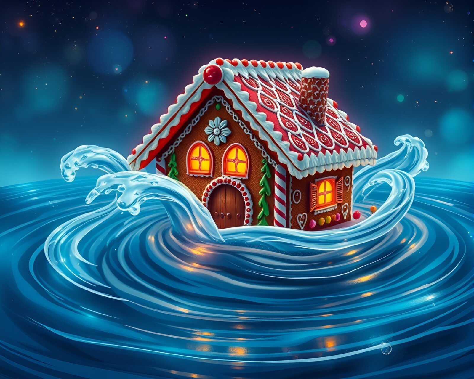 Fantasy gingerbread house swirling in enchanted water whirlpool
