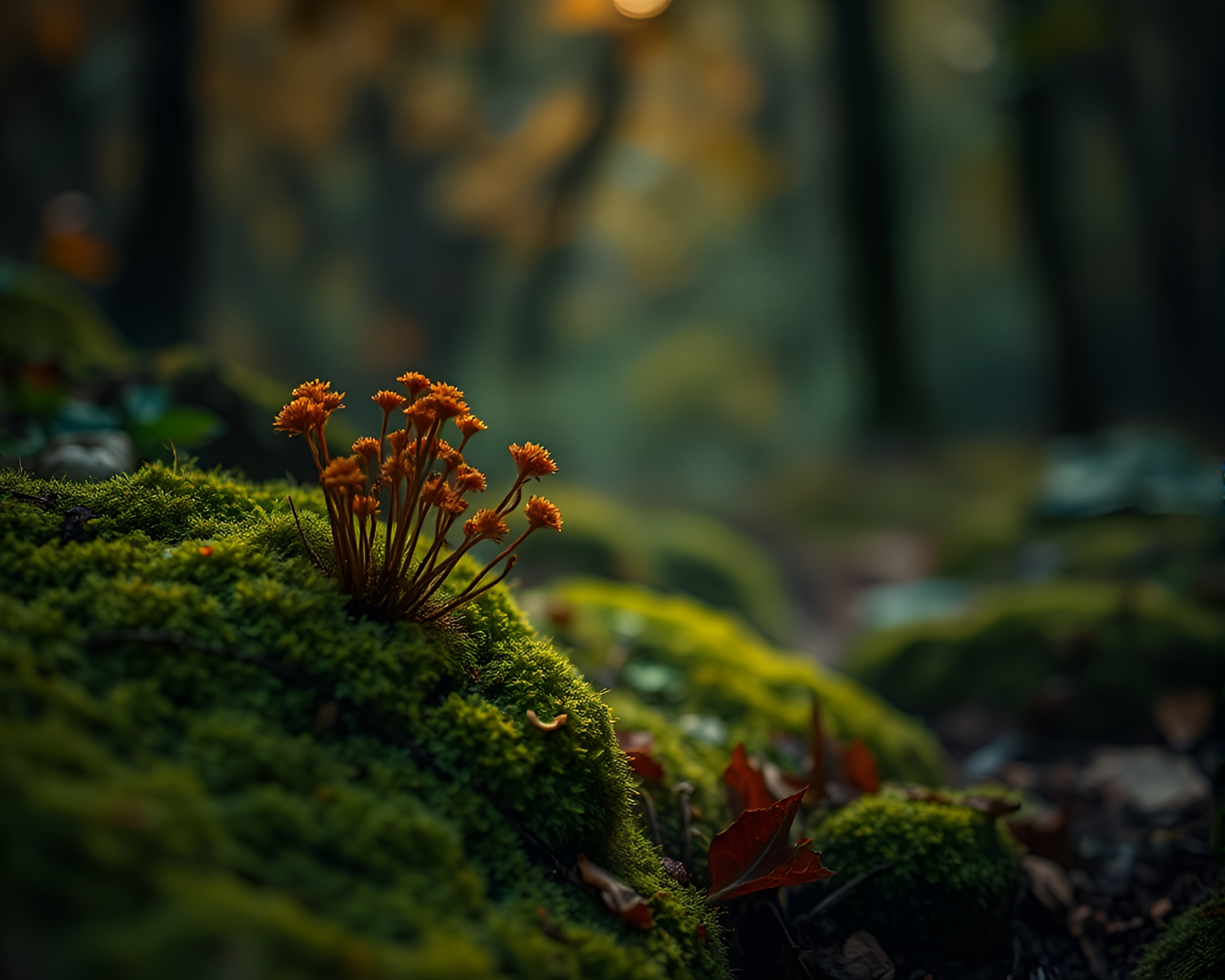 Autumn Forest Moss Growth Dungeon Torchlight Bokeh – free AI stock image
