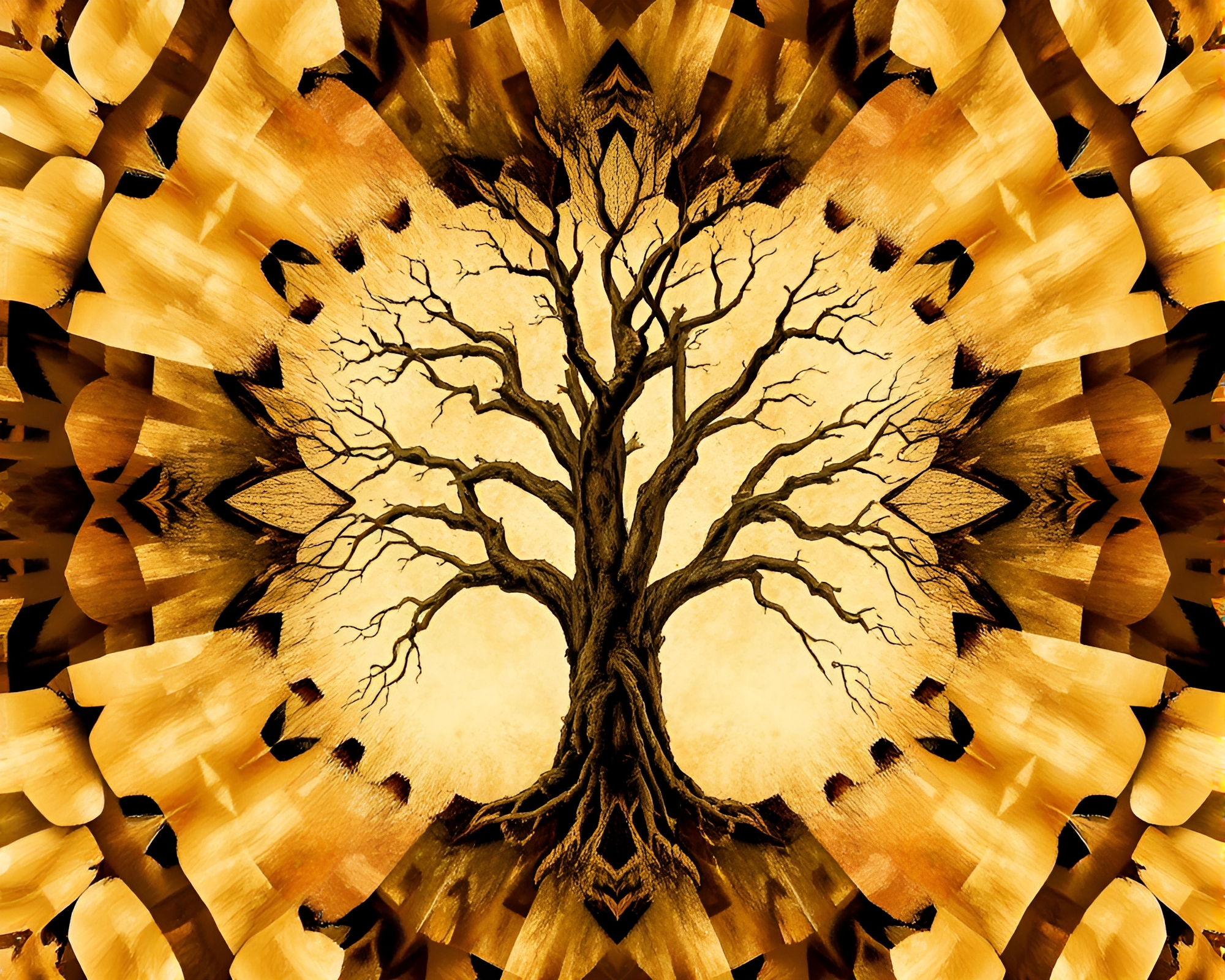 Ancient Tree Kaleidoscope in Sepia Impressions – free AI stock image