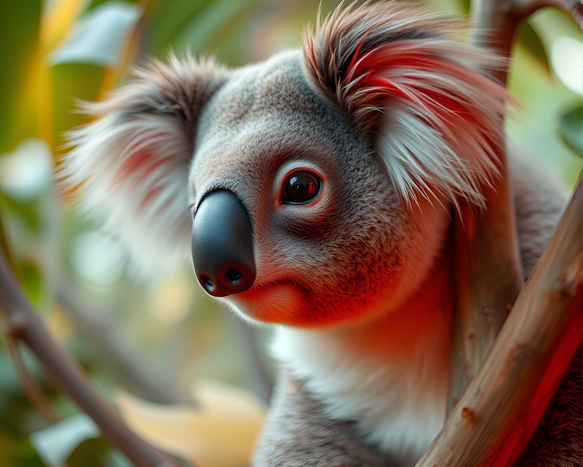 Swirling Koala in Ruby Red Trompe-l’oeil Art – free AI stock image