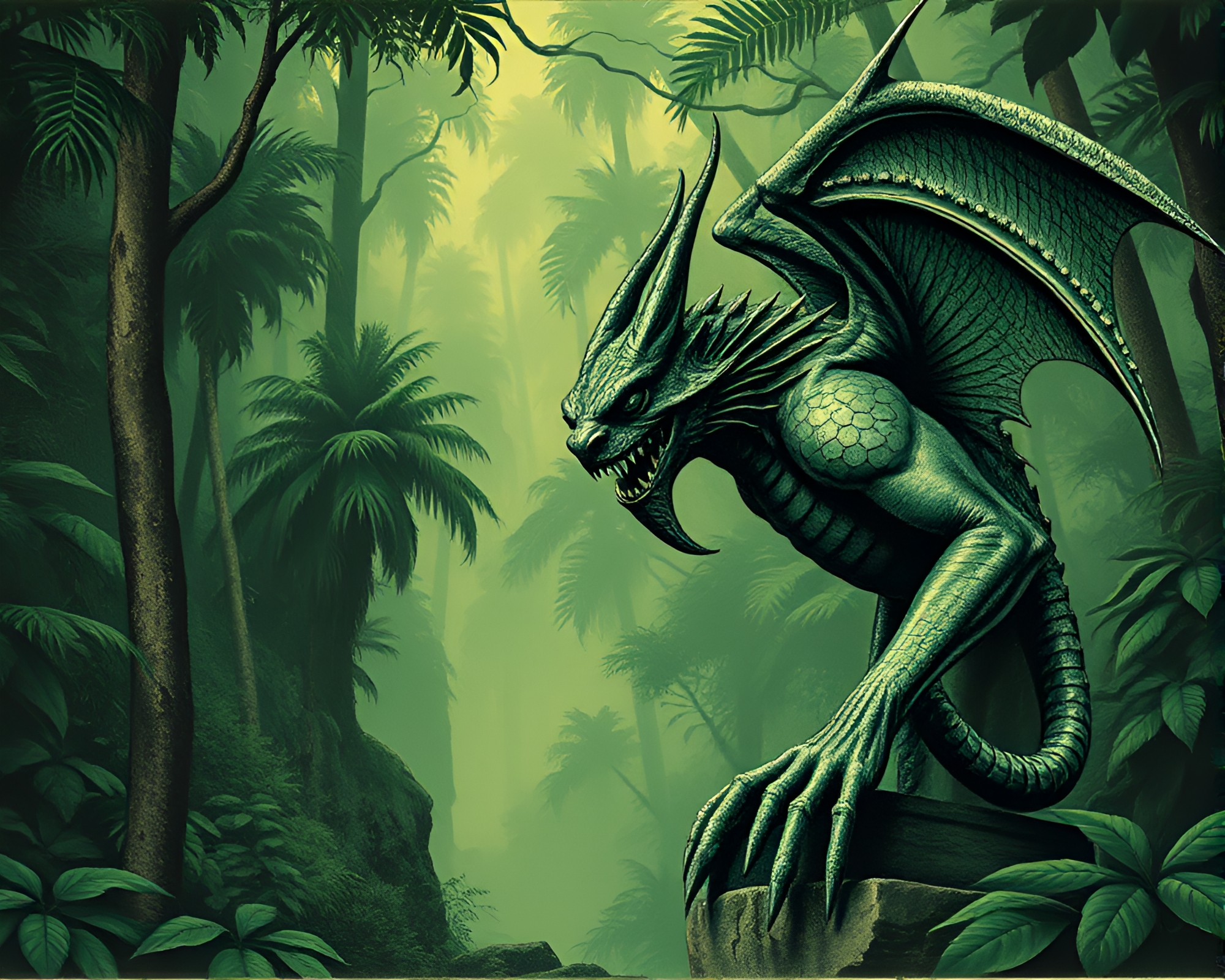 Gargoyle Statue in Rainforest Trompe-l’oeil Woodblock Print – free AI stock image