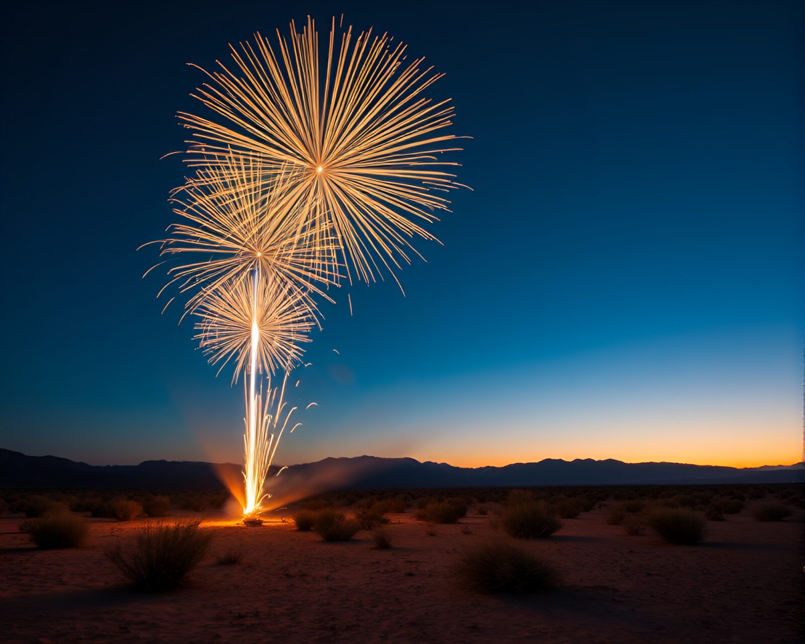 Ethereal scene of time-bending fireworks in desert at dusk