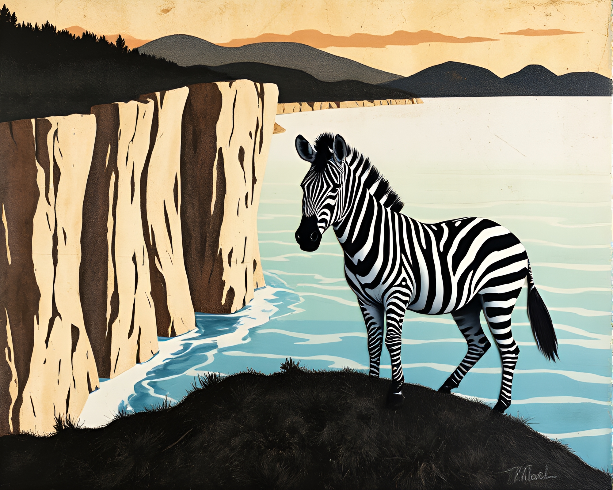 Encaustic Zebra Collage Basked in Cliffside Shadows – free AI stock image