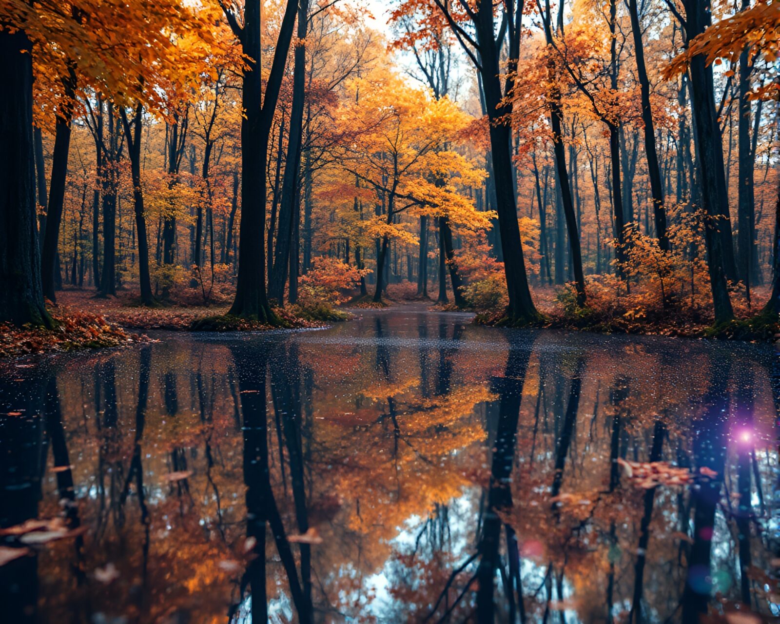 Cybernetic textured holographic sheen on autumn forest reflections
