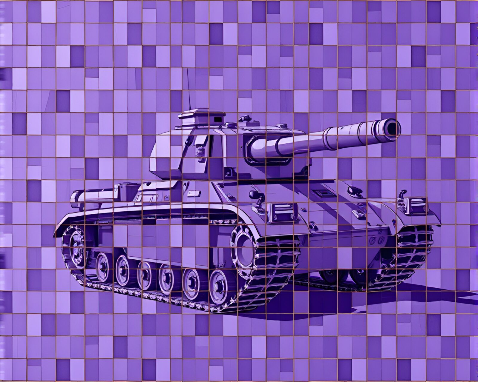 Generative art of armored tank on mosaic tiles at twilight