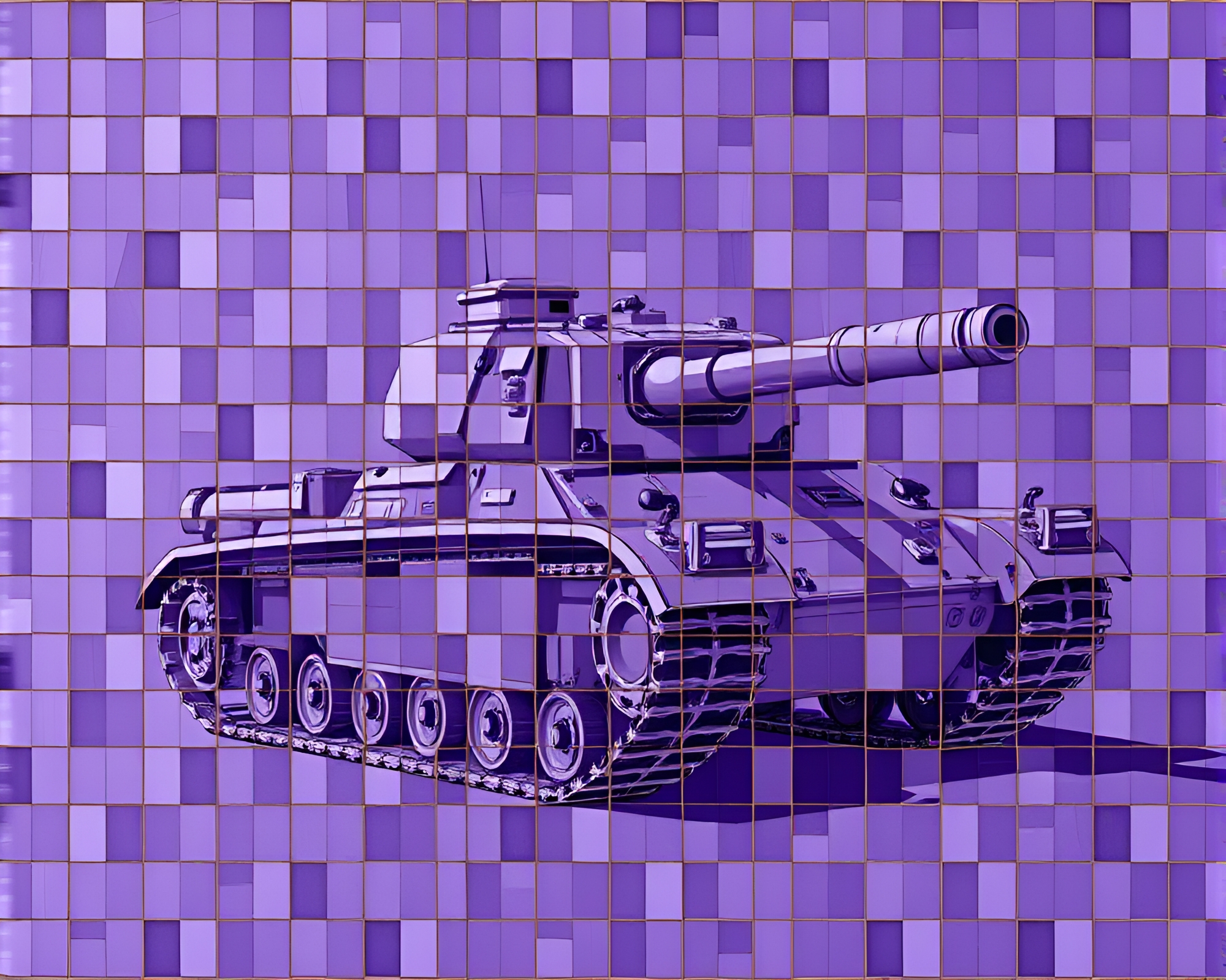 Armored tank mosaic under amethyst skies – free AI stock image