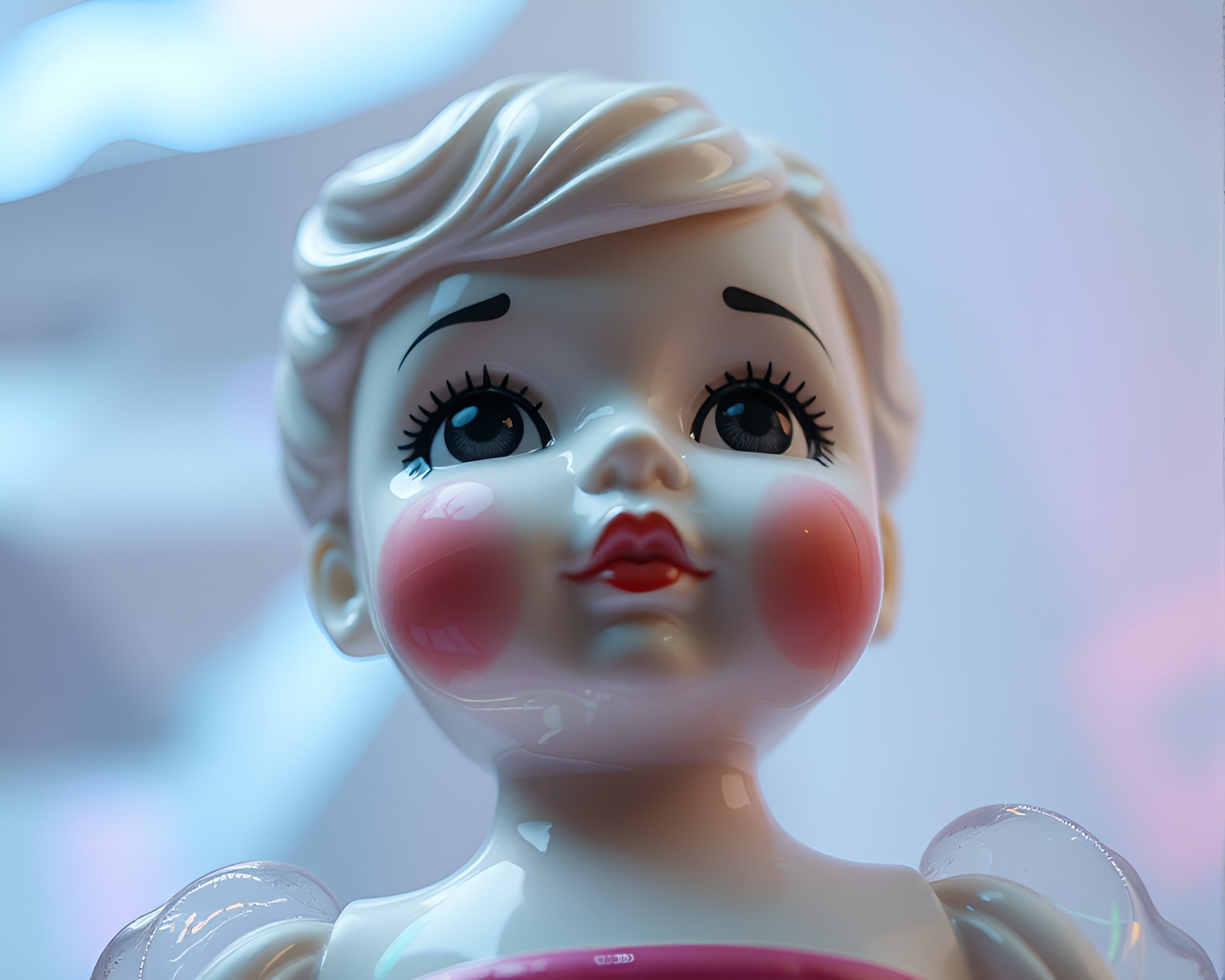 Prismatic Porcelain Doll: Holographic Fantasy Low-Angle Portrait – free AI stock image