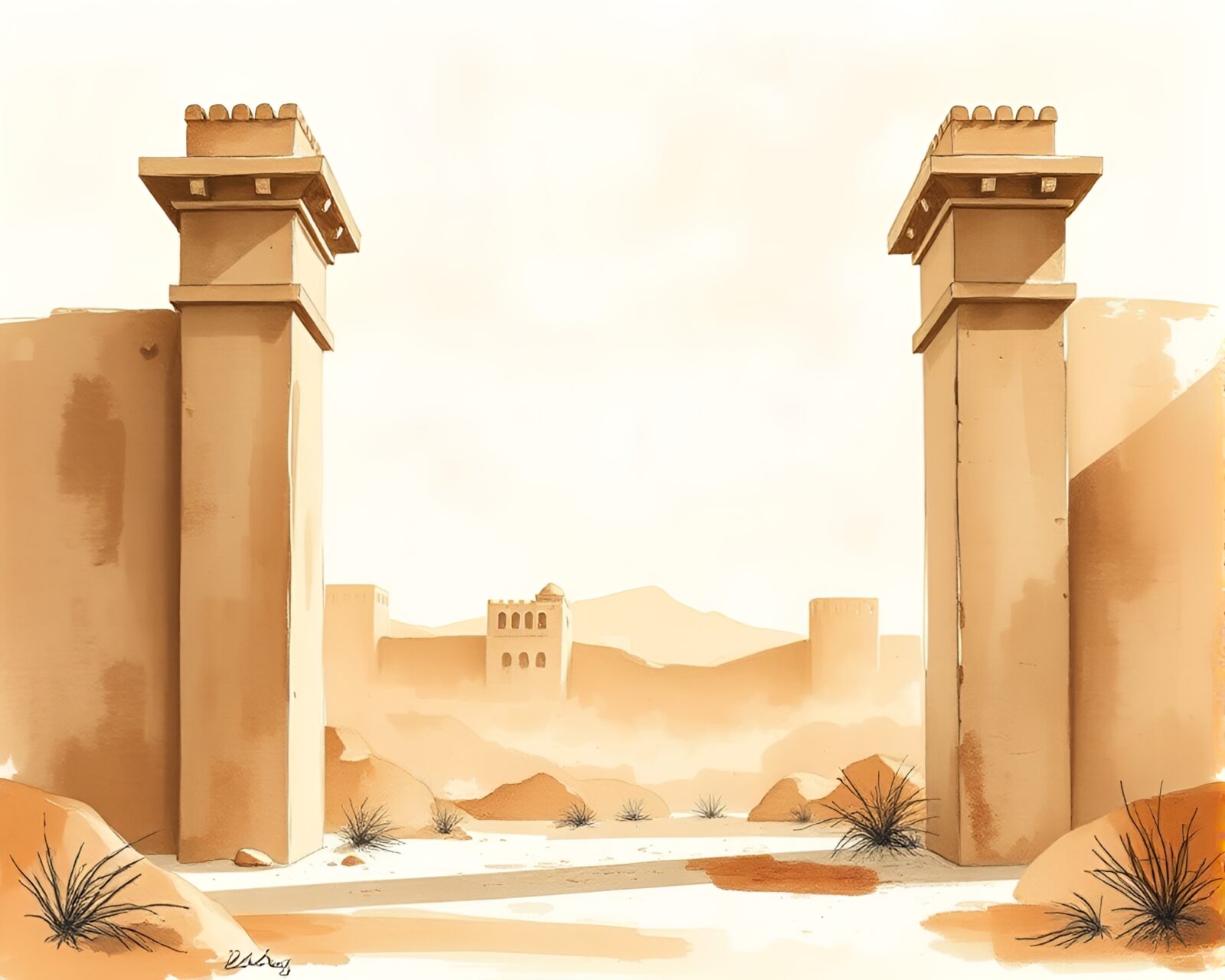 Desert mirage framed in architectural sepia tones and sumi-e brushwork